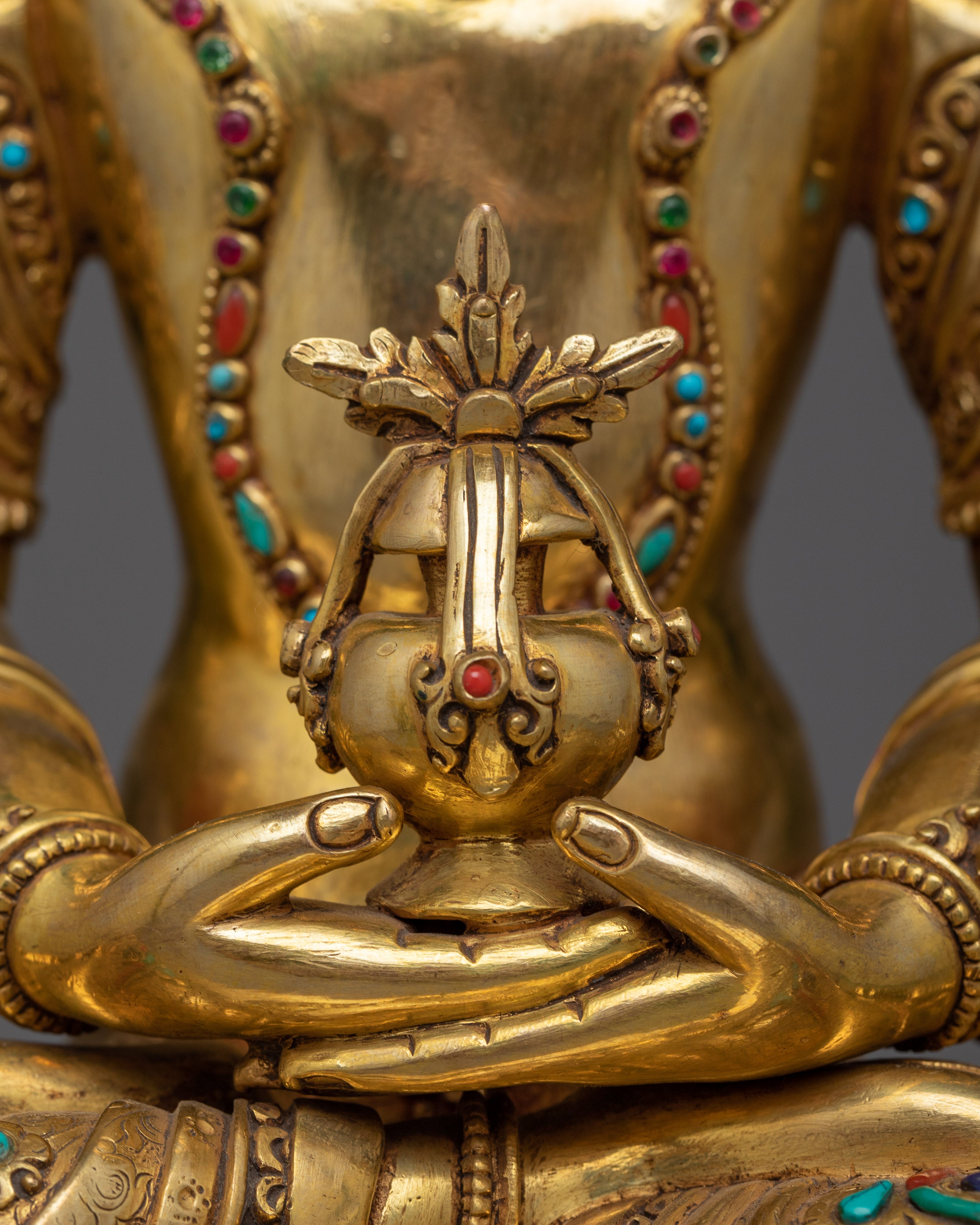 Adorned with Gemstone Amitayus Statue | Buddhist Sculpture of Longevity Deity