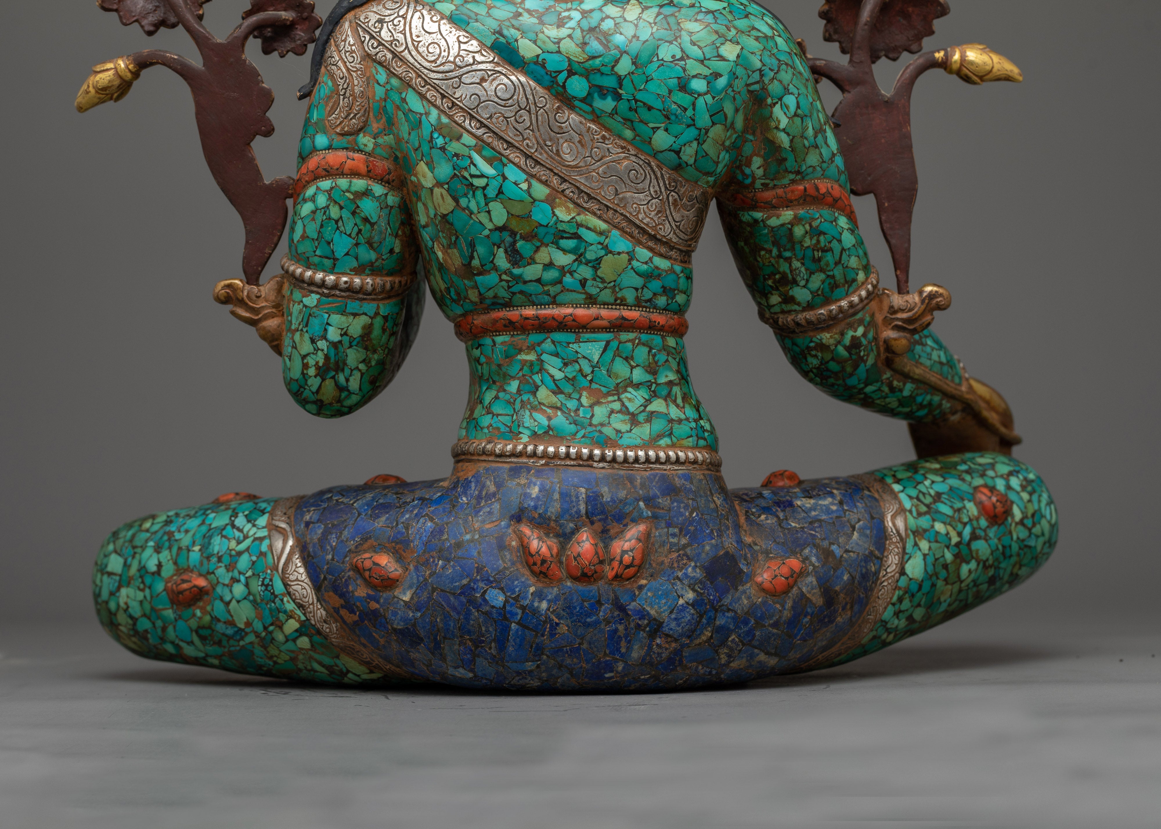 Green Tara Turquoise and Lapis Decorated Statue | A Vision of Compassionate Majesty