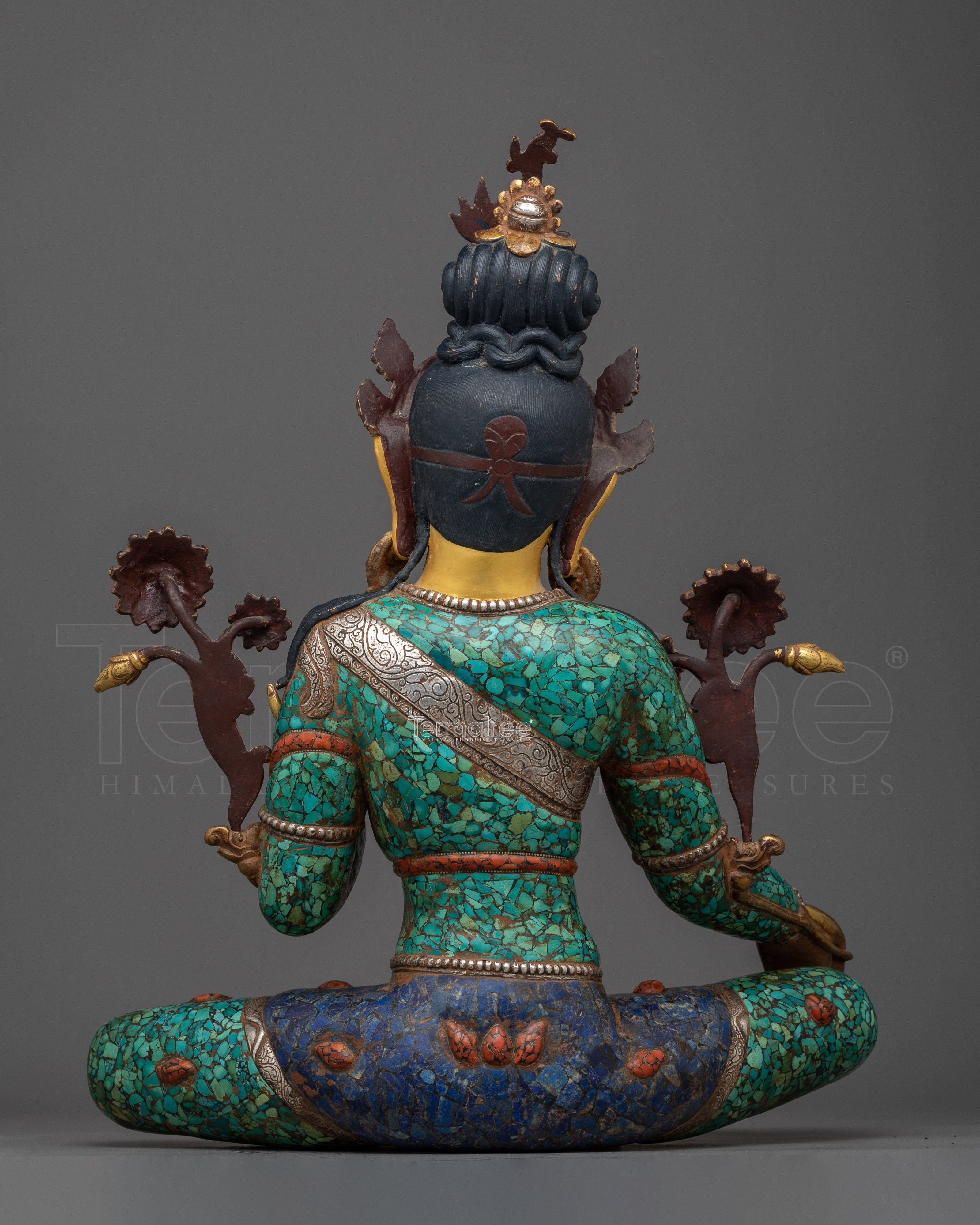 Green Tara Turquoise and Lapis Decorated Statue | A Vision of Compassionate Majesty
