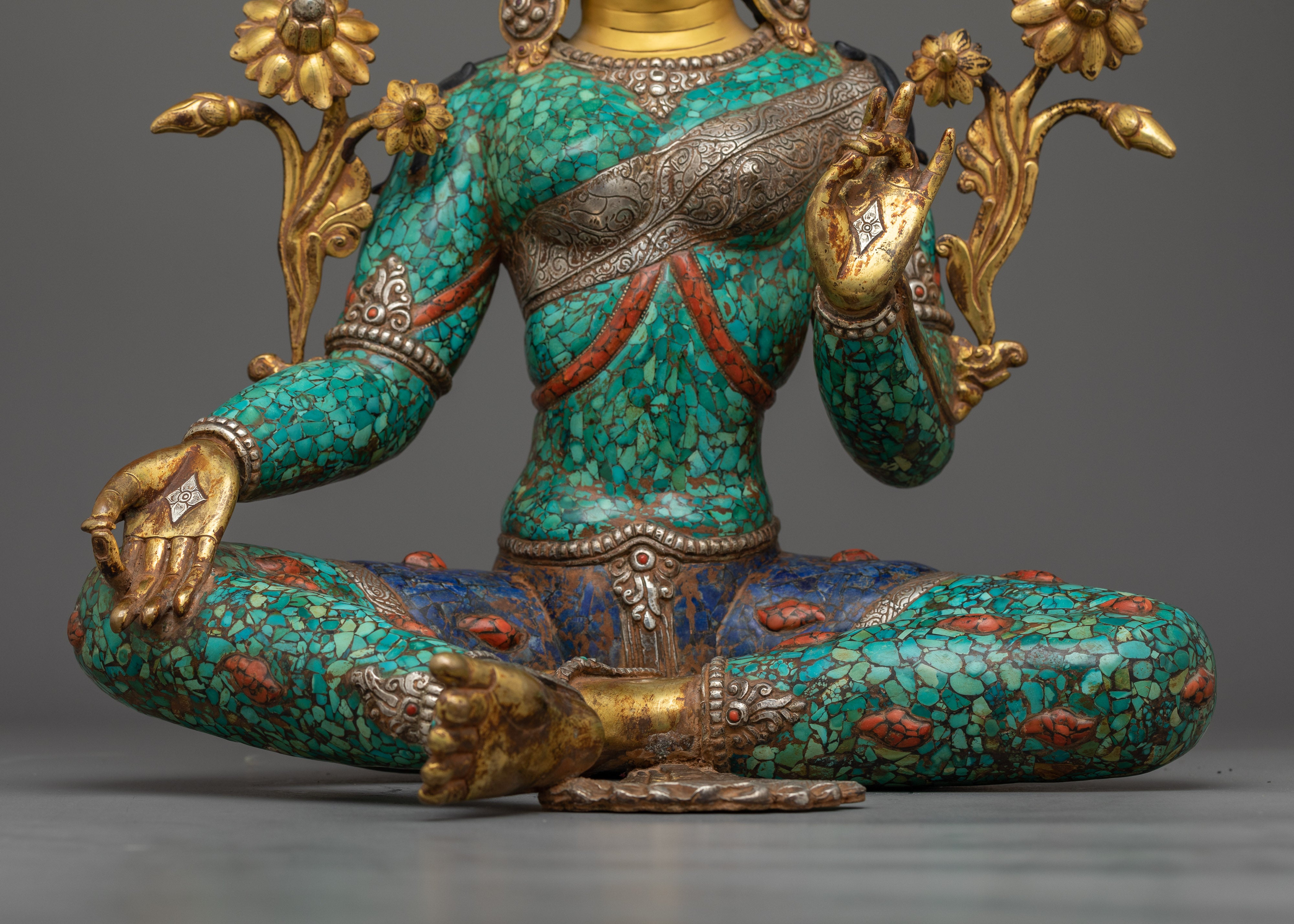 Green Tara Turquoise and Lapis Decorated Statue | A Vision of Compassionate Majesty