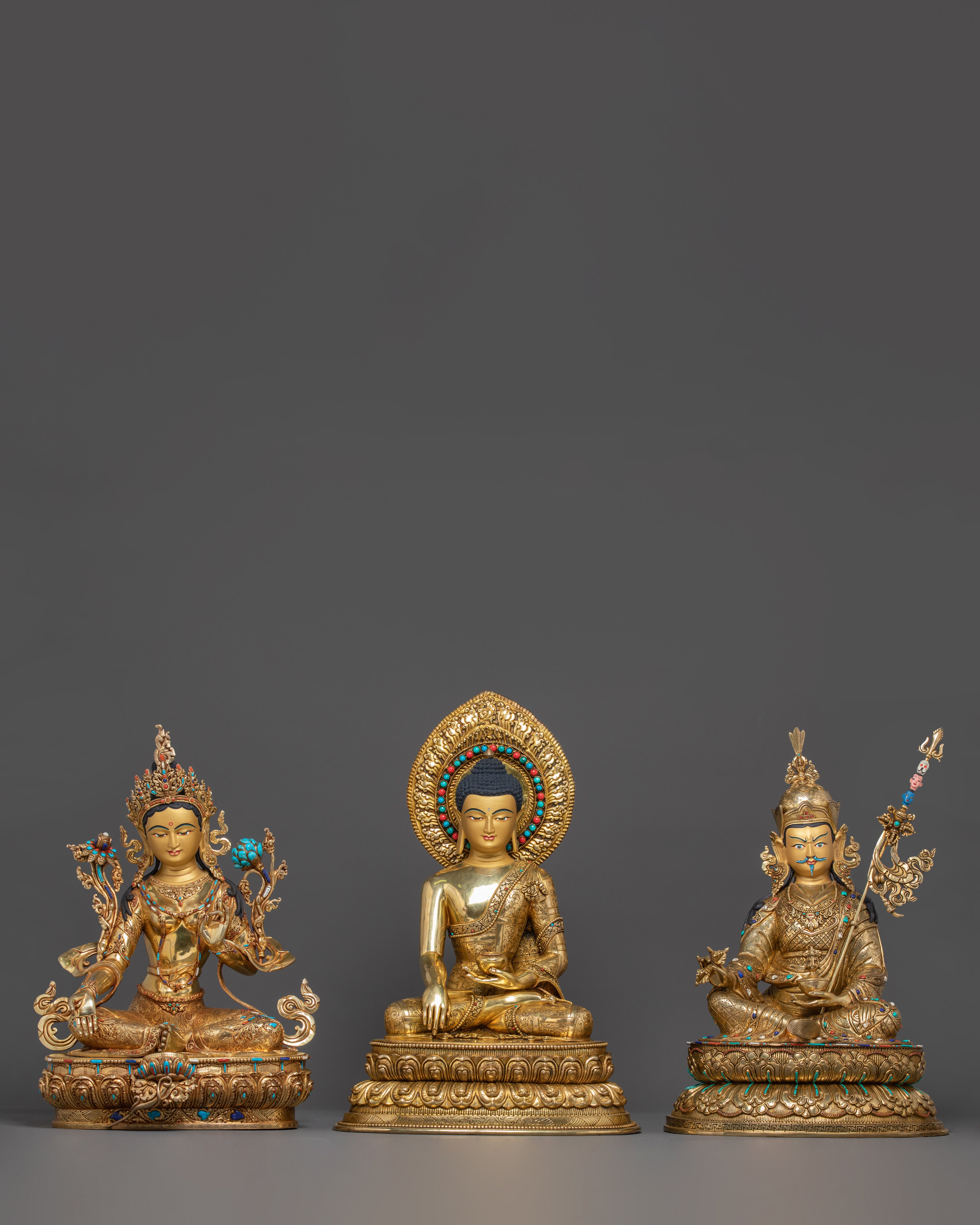 Statue Set of Shakyamuni Buddha, Green Tara, and Guru Rinpoche | Spiritual Trio