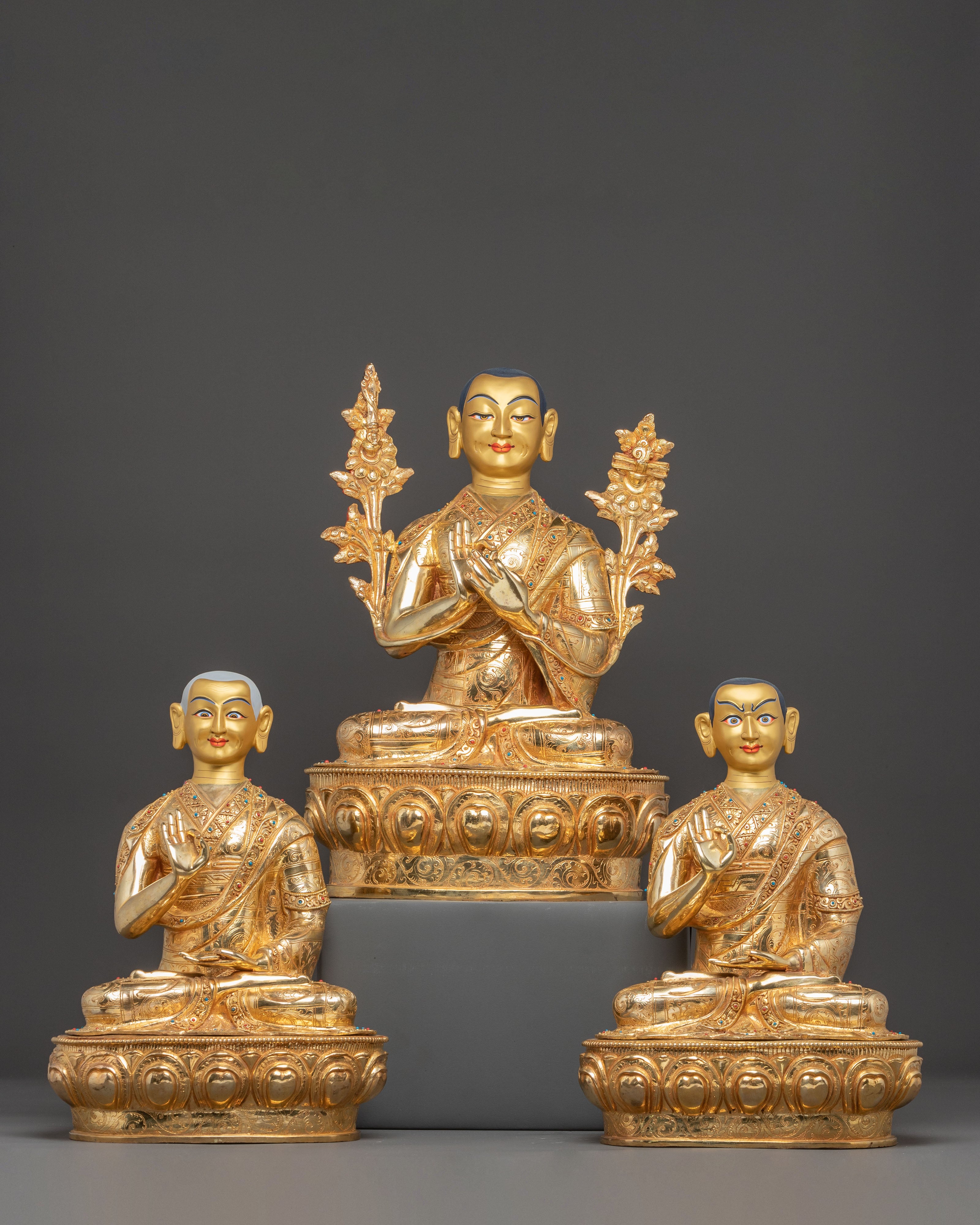 Handmade Tsongkhapa, Je Gyaltsab, and Je Khedrup Statues Set