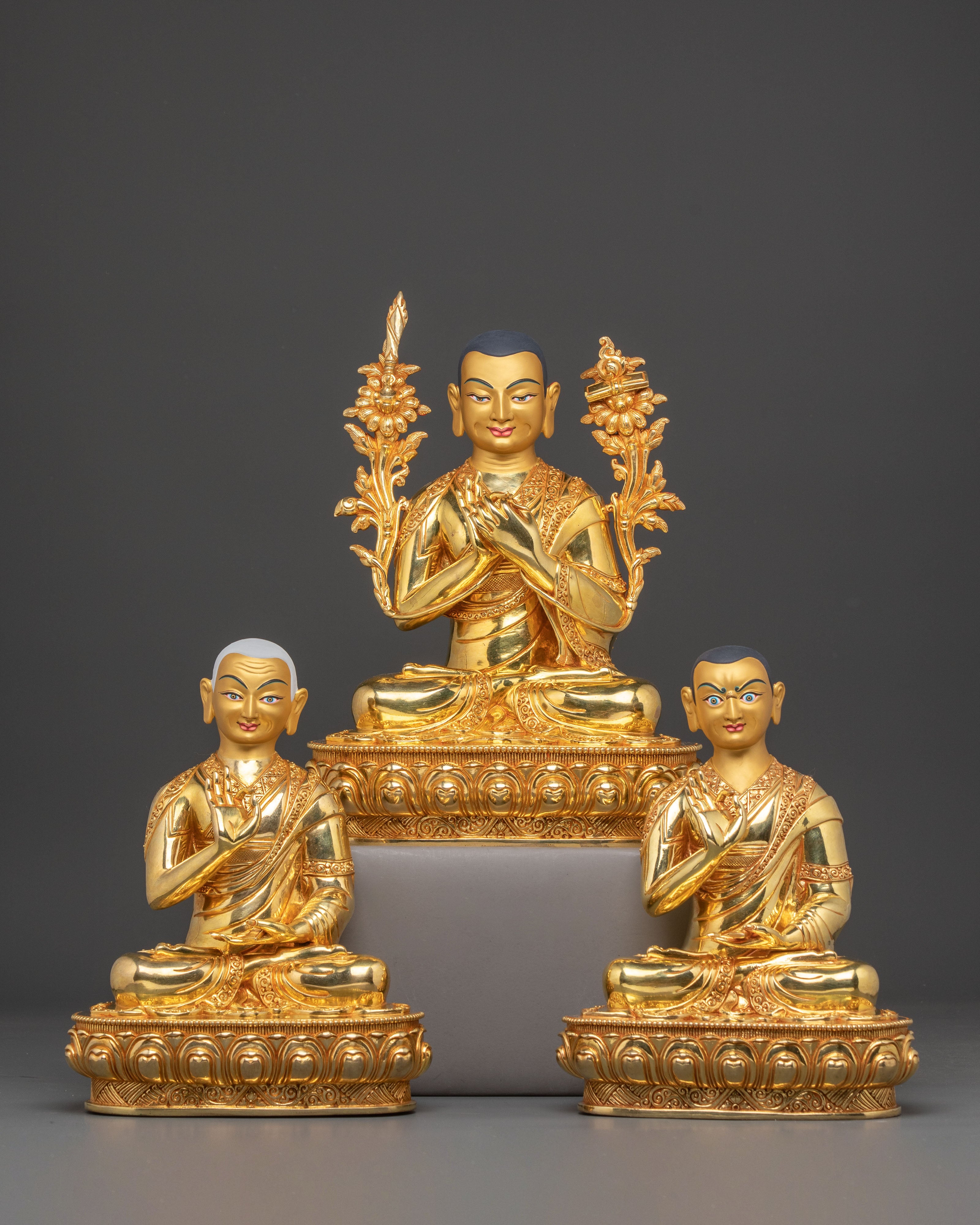 Golden Tsongkhapa Je, Gyaltsab and Khedrup Statue Set