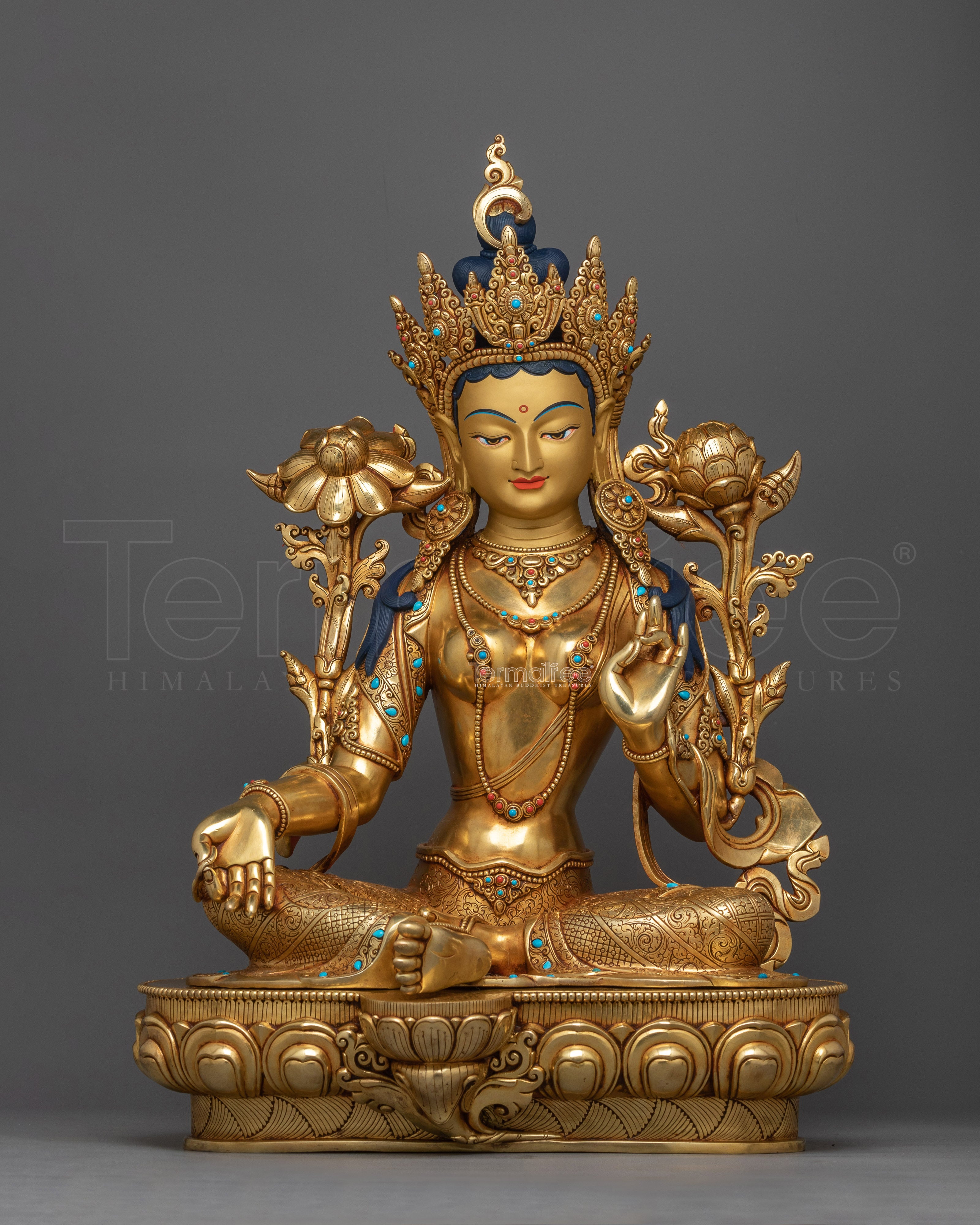 Green Tara a Beautifully Gold-Gilded Statue | Symbol of Compassion and Liberation