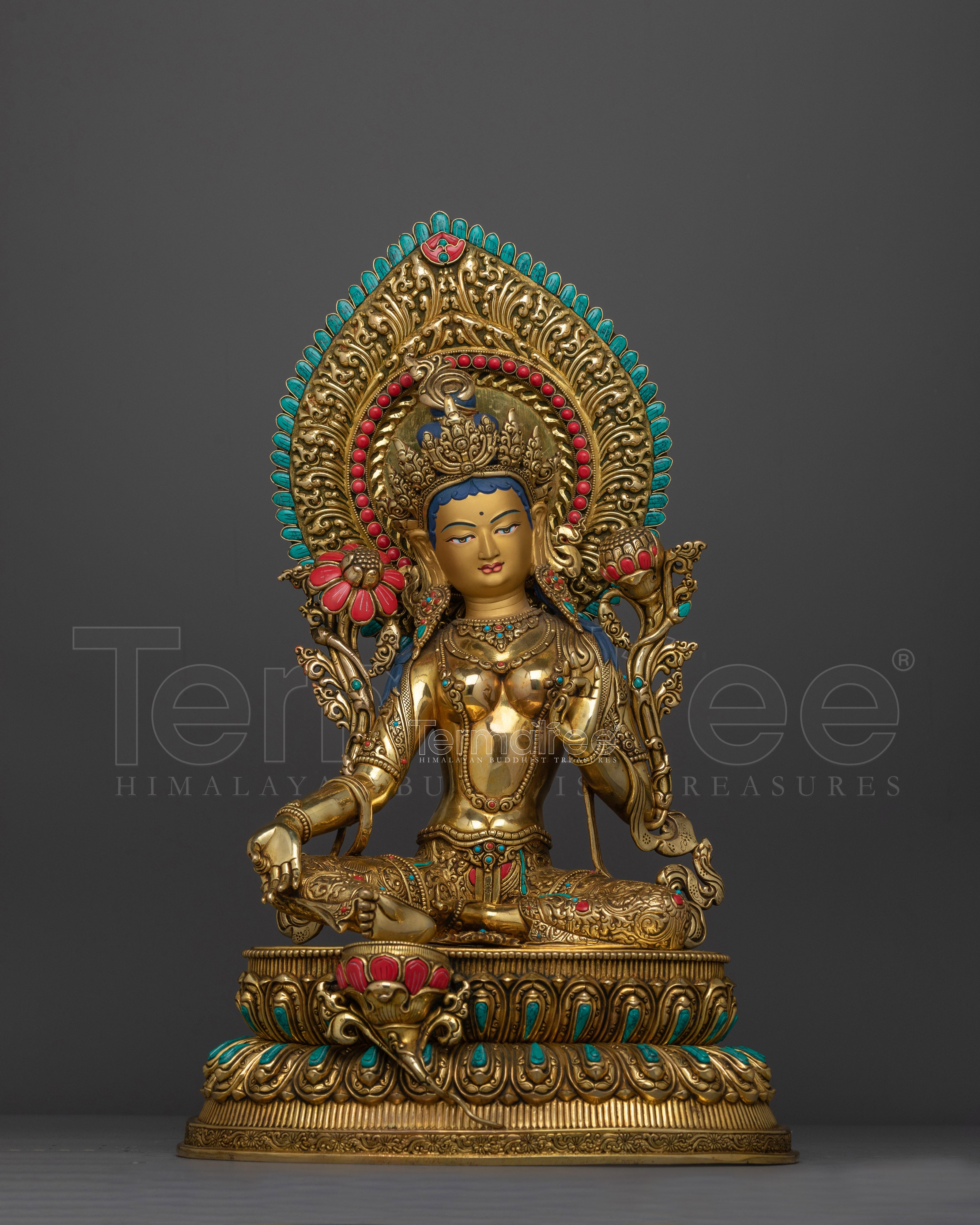 Green Tara Statue Decorated with Gemstones | A Masterpiece of Spiritual Art