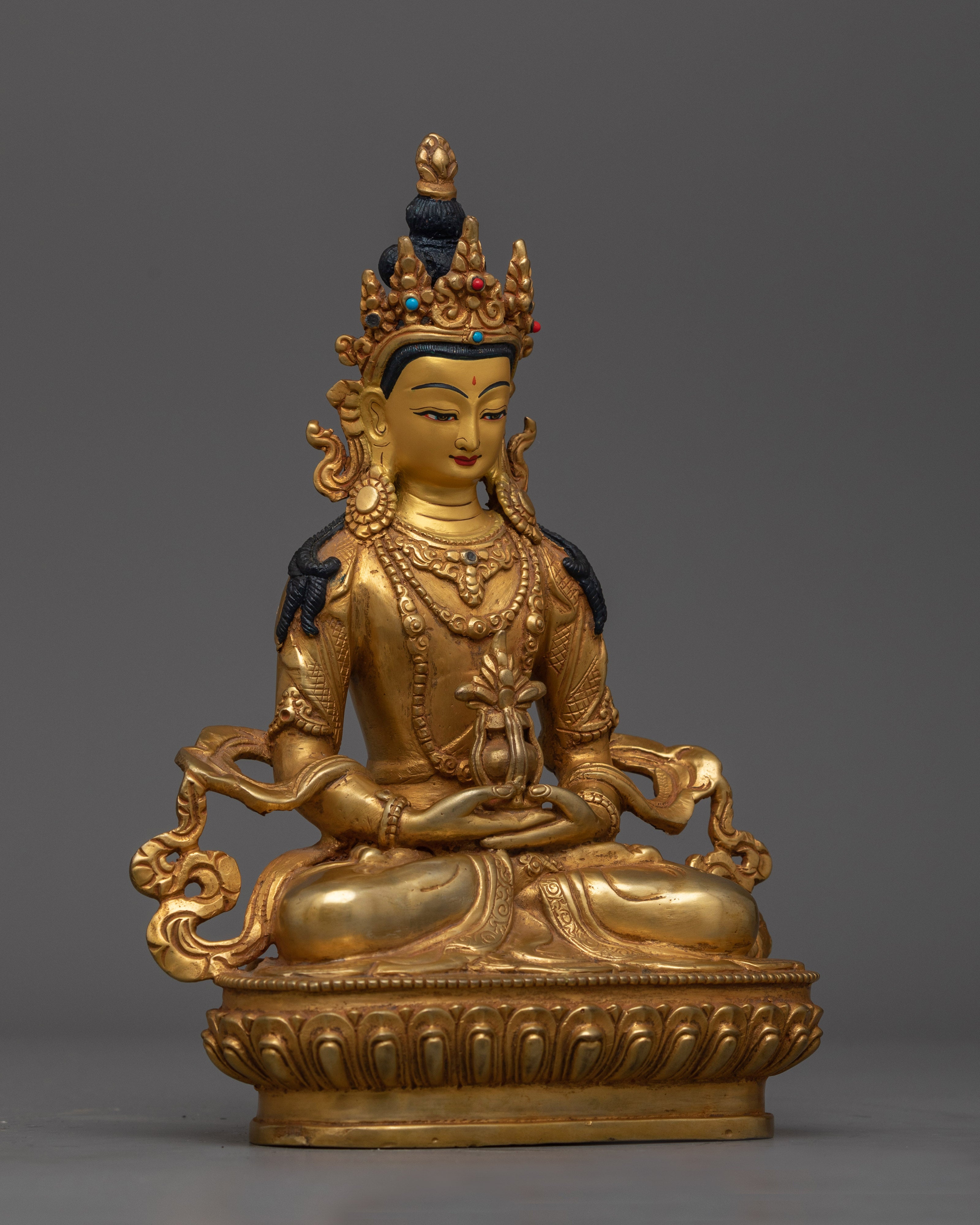 Beautiful Amitayus Gold Gilded 22cm Statue | Handcrafted Copper Art