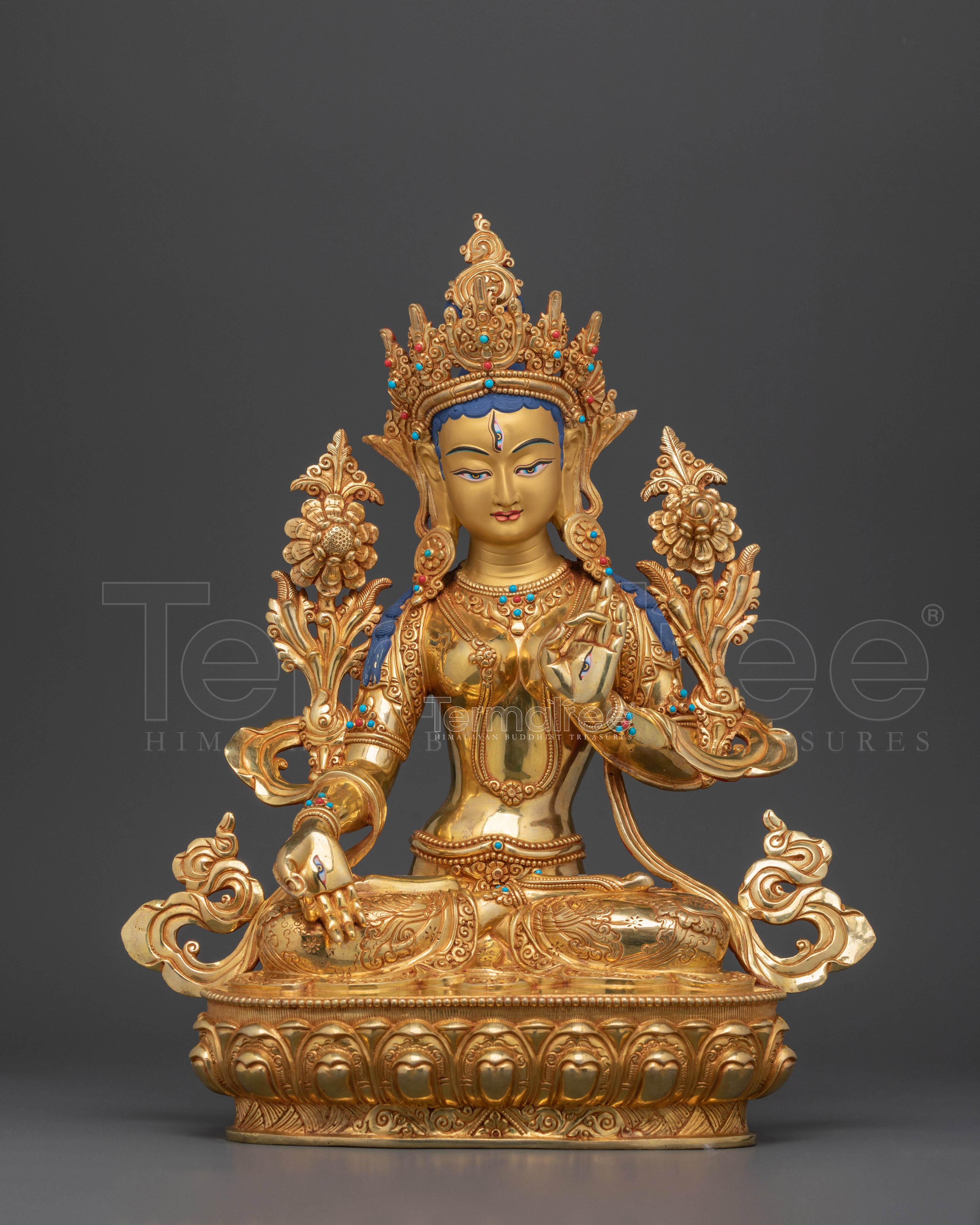 White Tara Hand Carved Gold Gilded Statue | Embodiment of Compassion and Longevity