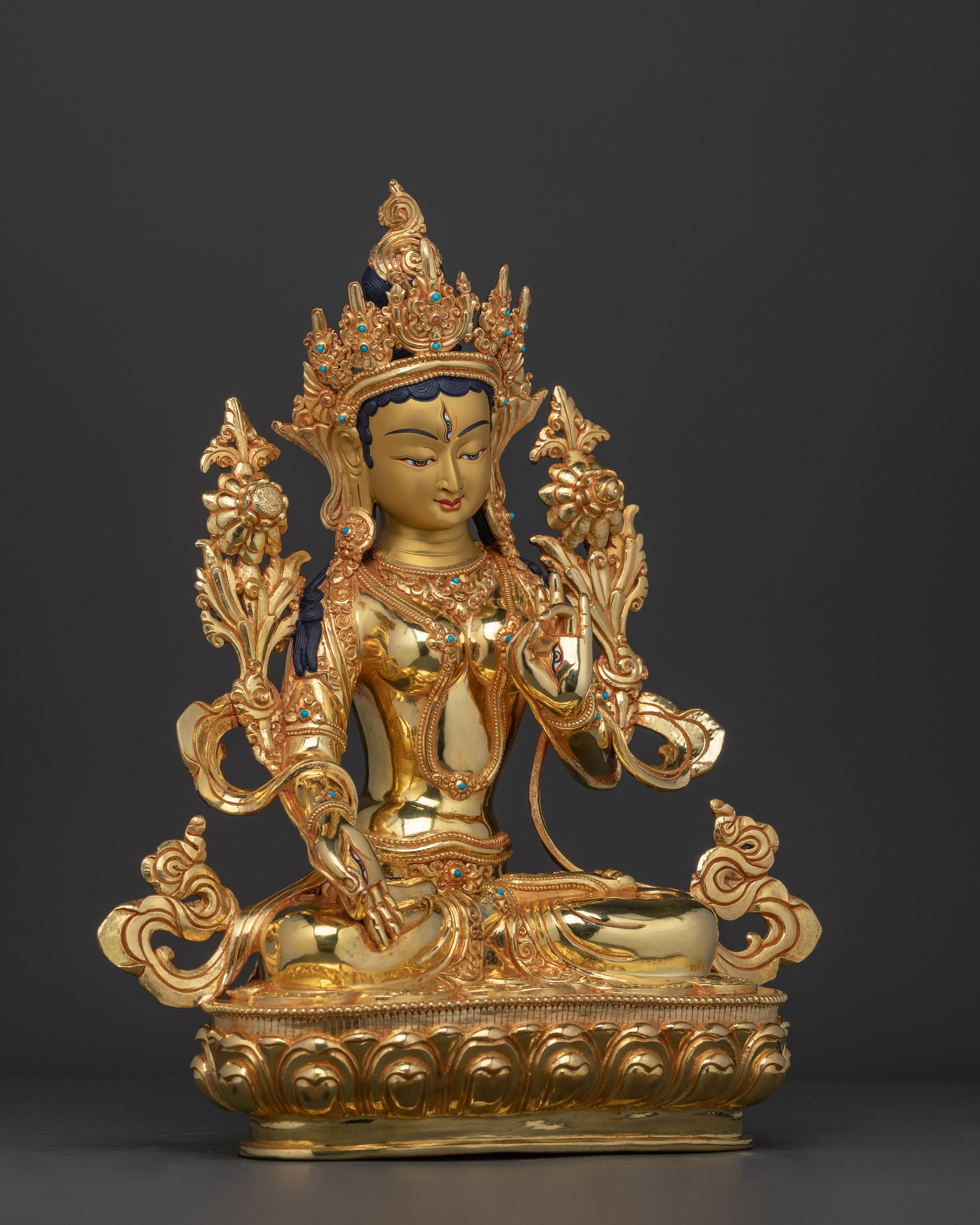 White Tara Longevity Goddess in Gold Gilded Statue | Symbol of Compassion and Healing