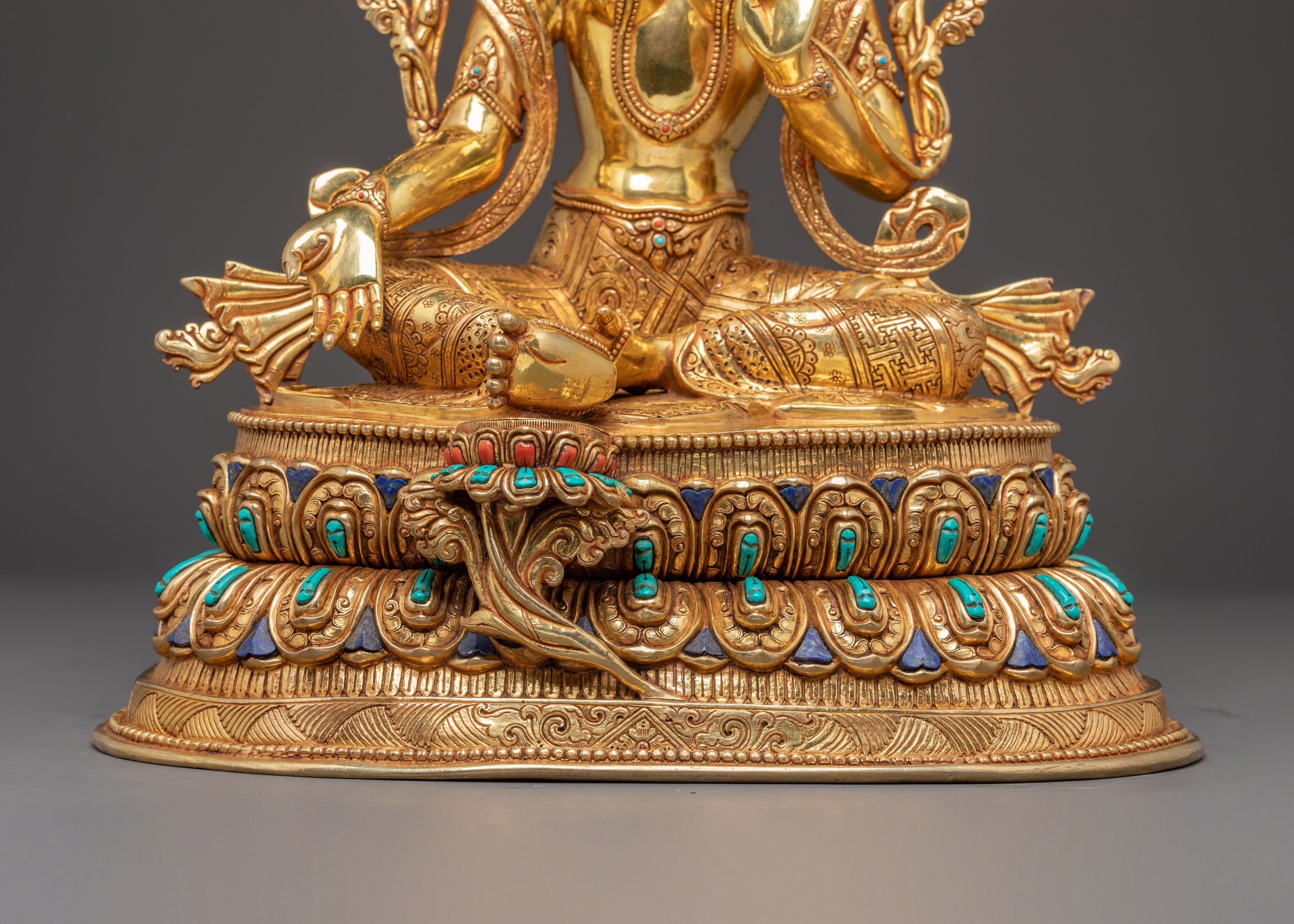 Handmade Golden Statue of Green Tara | Female Buddha of Compassion