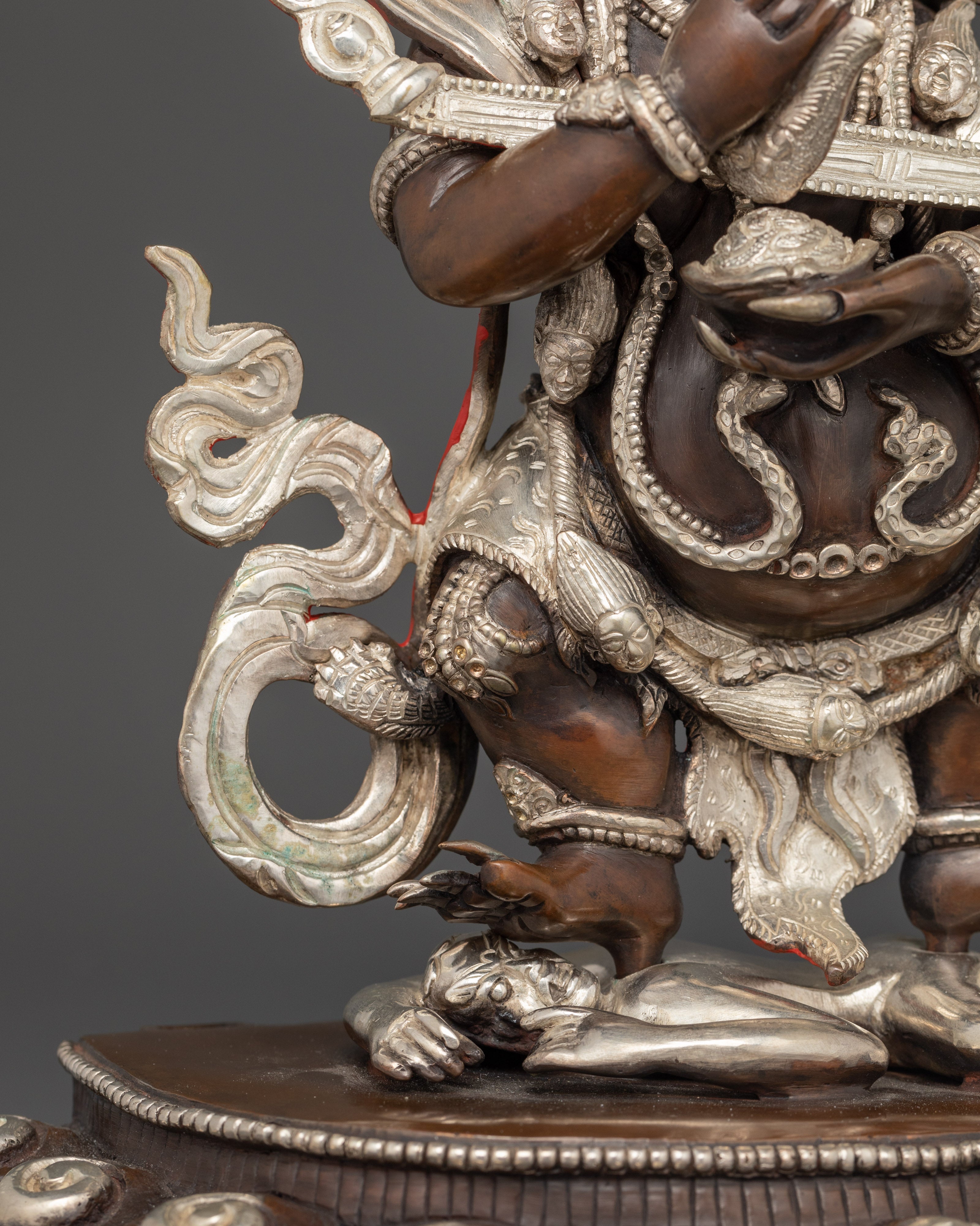 Sakya Mahakala Silver Plated Oxidized Copper Statue | Guardian of the Dharma