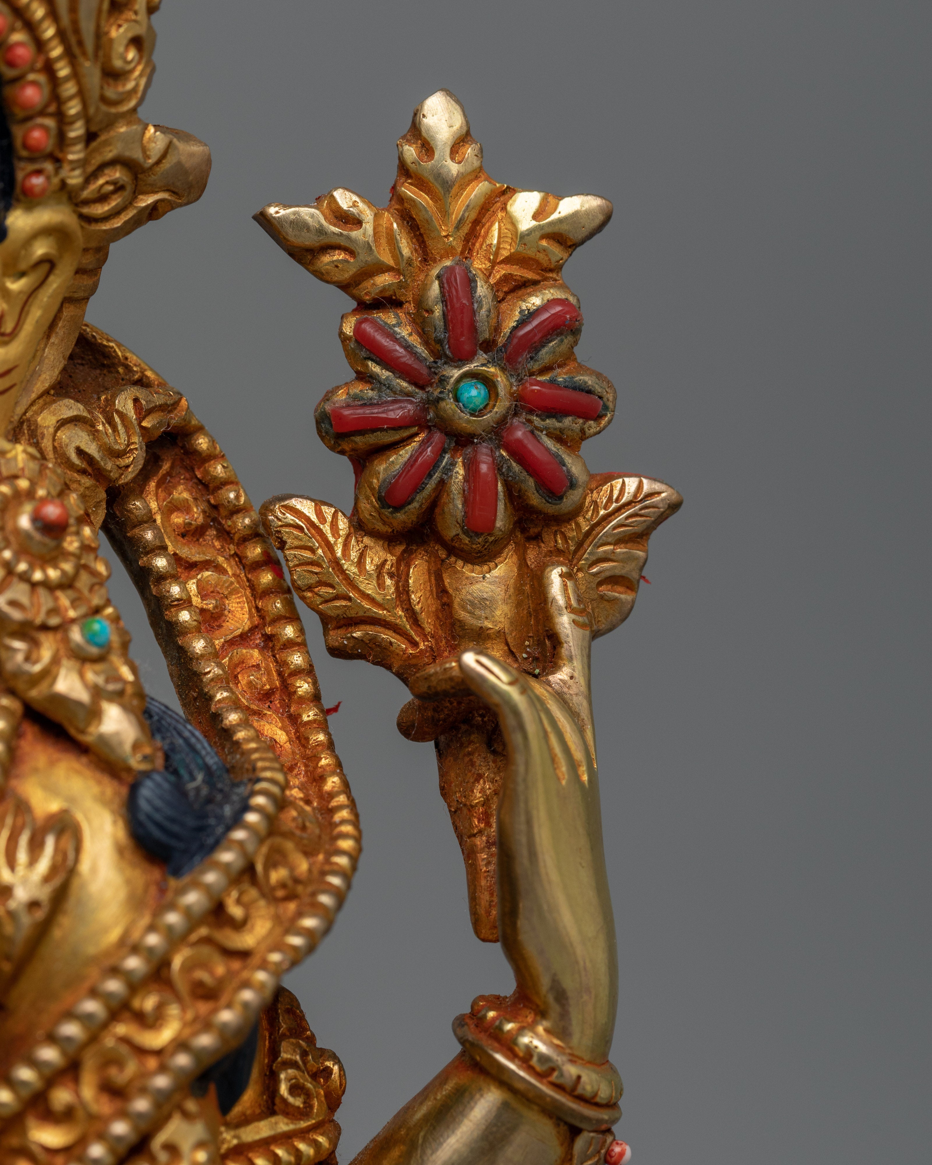 Sacred Chenrezig Buddha Statue | 24K Gold Gilded Avalokiteshvara with Hand Carved Gemstones