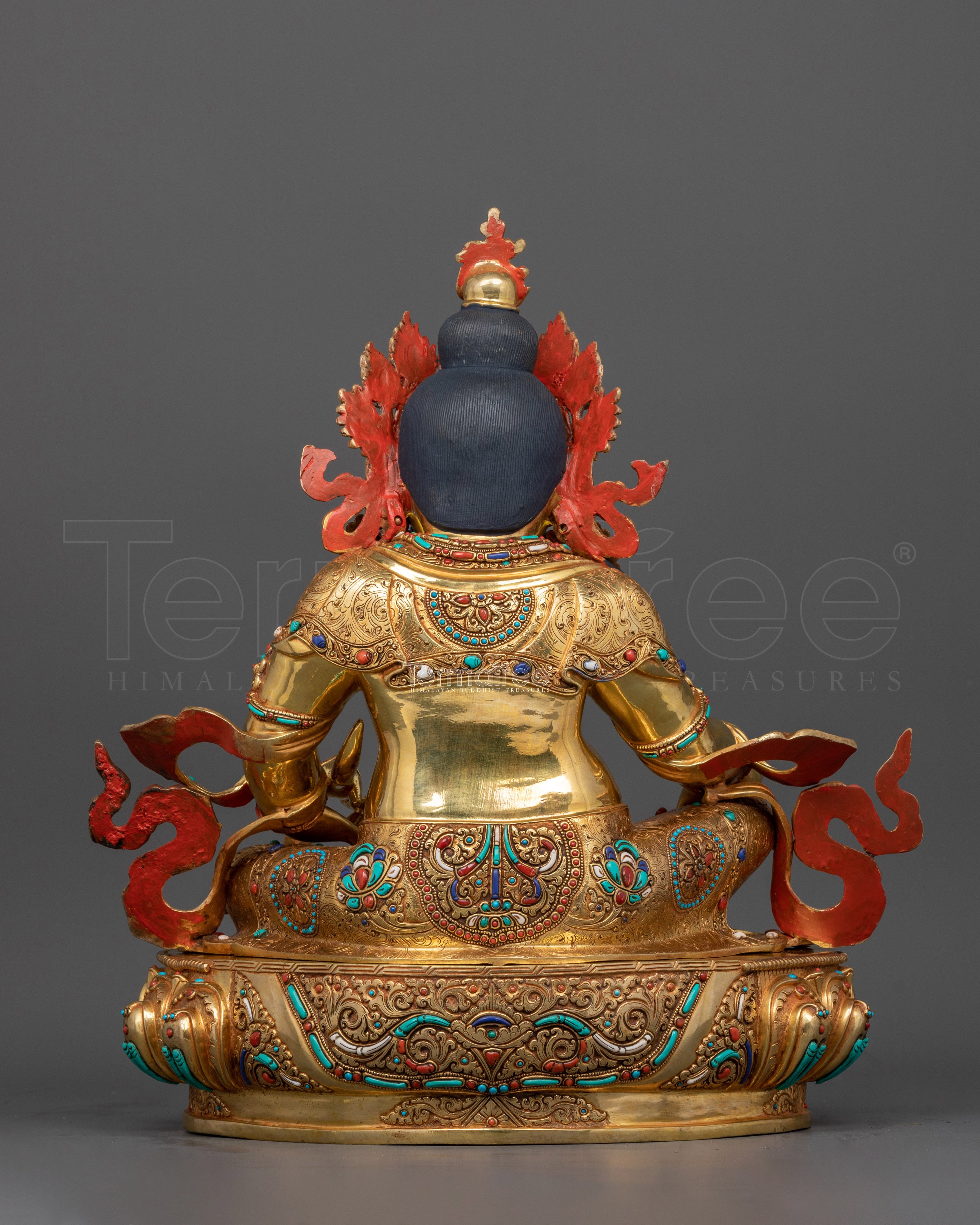 Dzambhala Buddha | 24K Gold Gilded Copper Statue with Hand Carved Gemstones