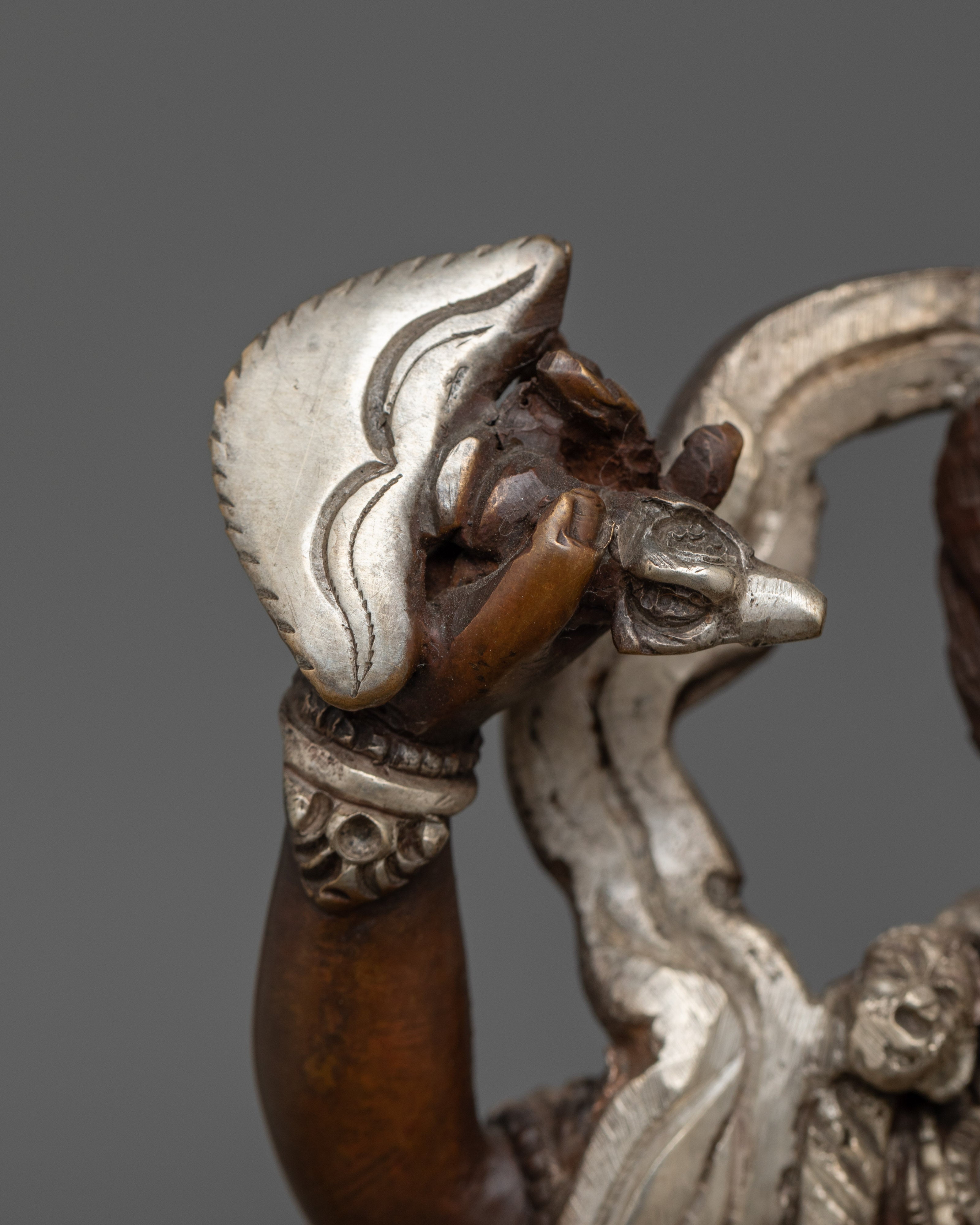 Singhamukha Buddha Statue | Silver-Plated Oxidized Copper Sculpture