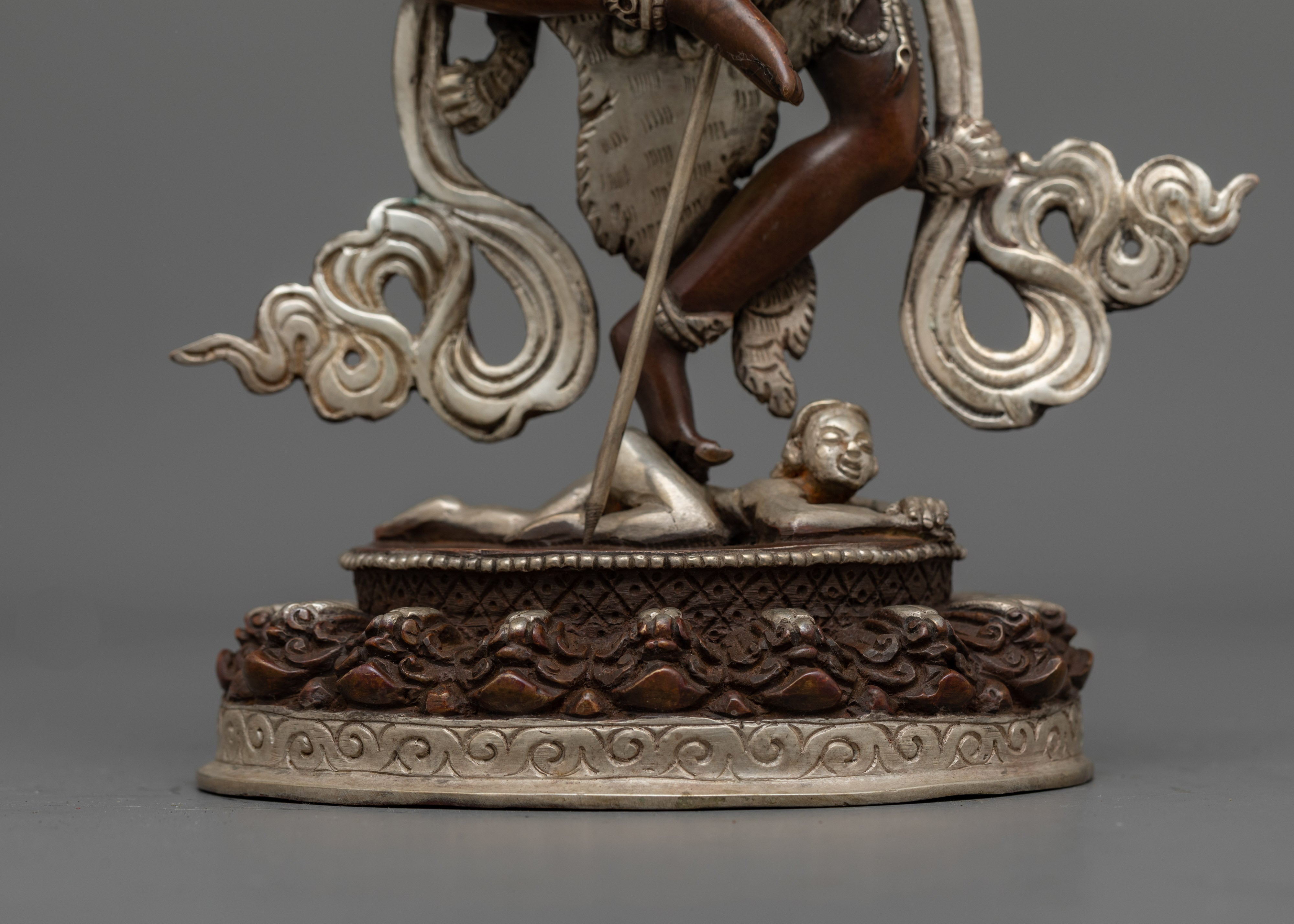 Singhamukha Buddha Statue | Silver-Plated Oxidized Copper Sculpture