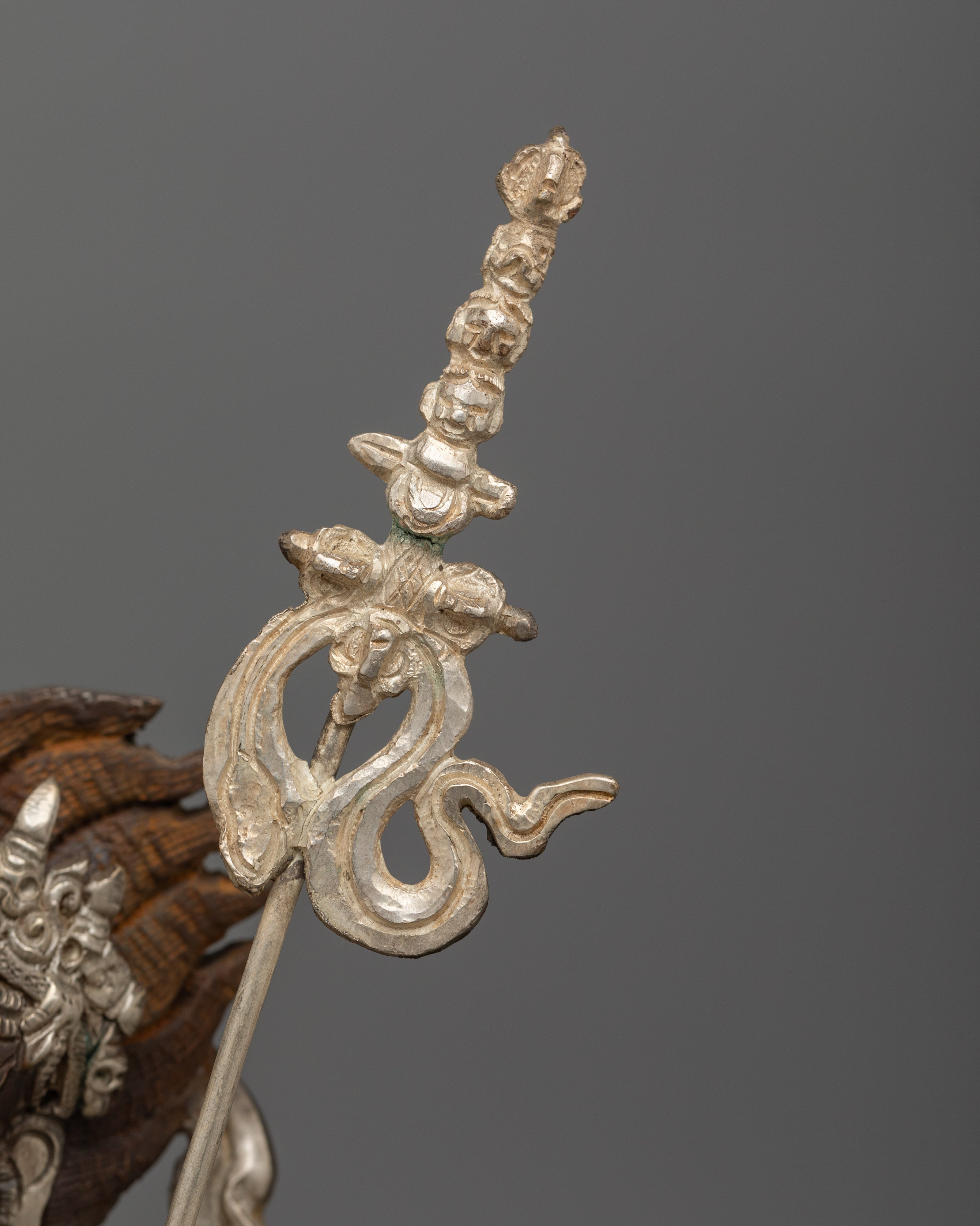 Singhamukha Buddha Statue | Silver-Plated Oxidized Copper Sculpture