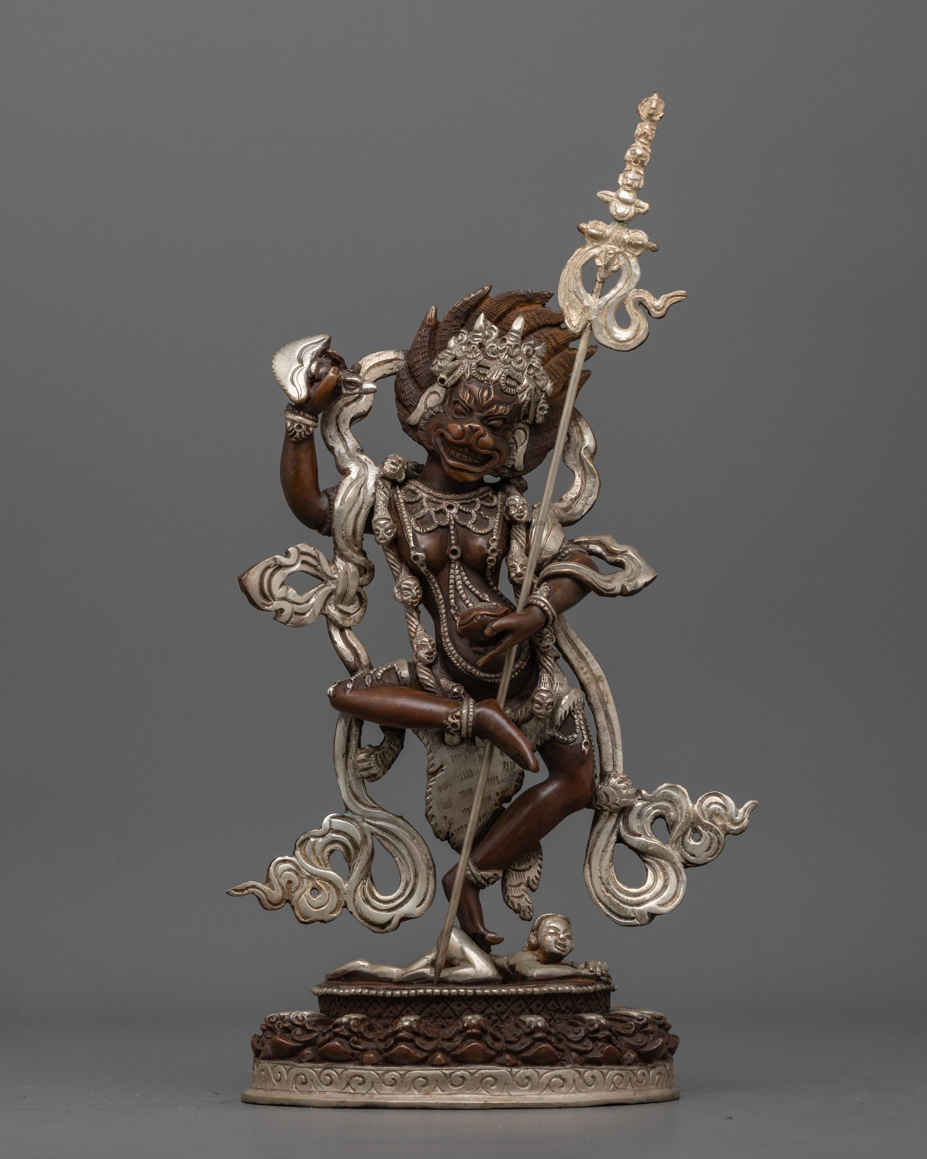 Singhamukha Buddha Statue | Silver-Plated Oxidized Copper Sculpture
