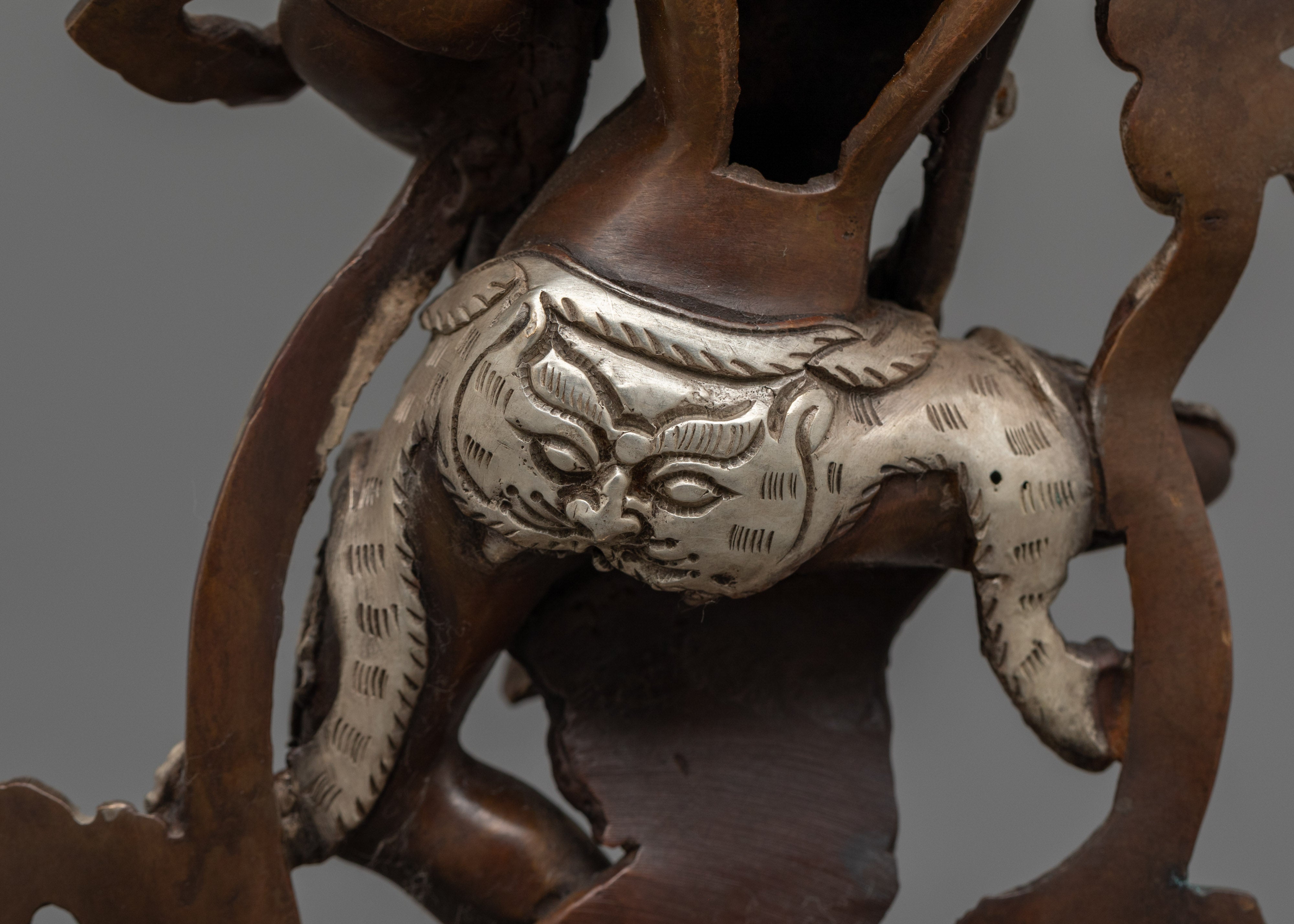 Singhamukha Buddha Statue | Silver-Plated Oxidized Copper Sculpture