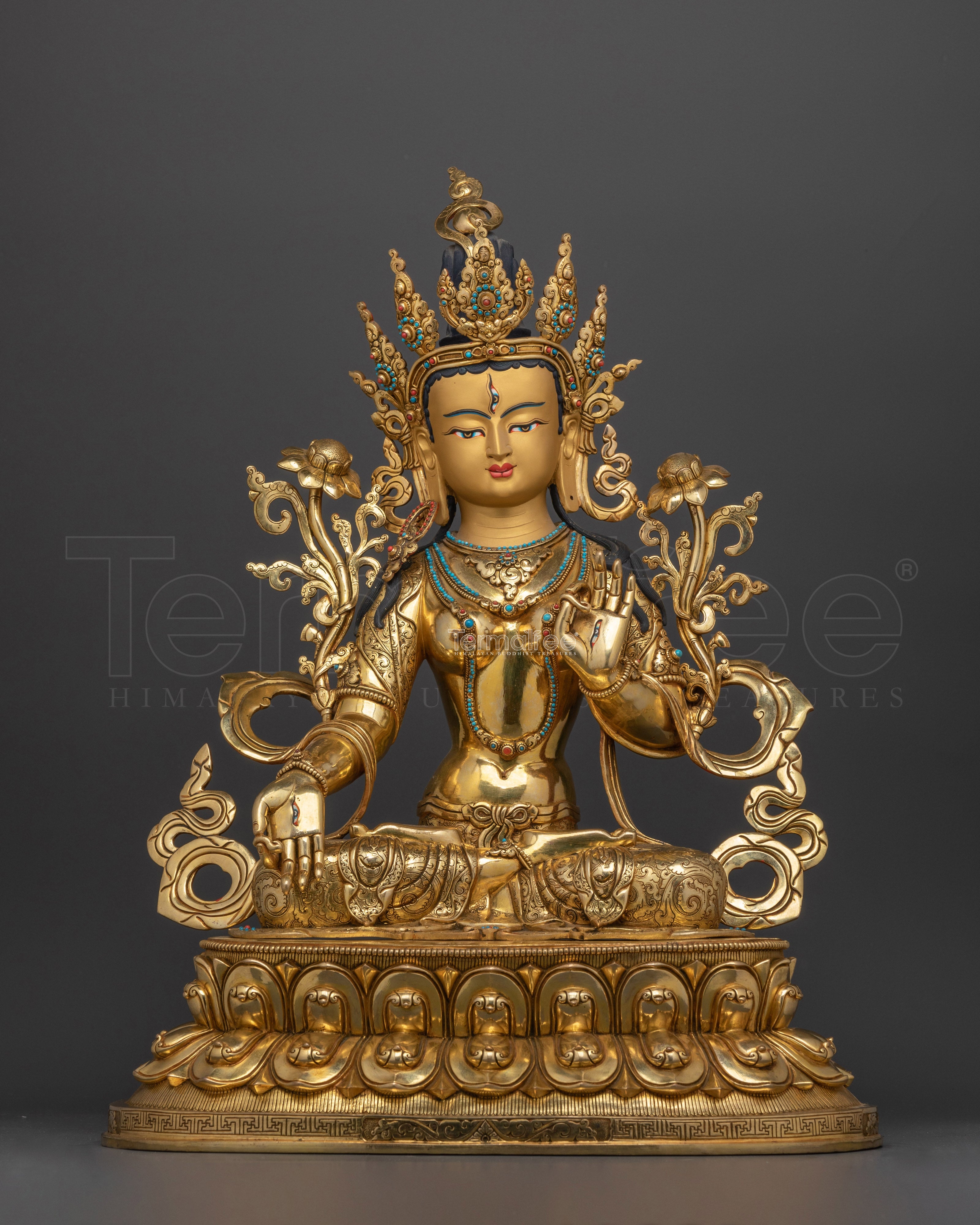 Sacred White Tara Statue | Handcrafted 24K Gold Gilded Copper Sculpture