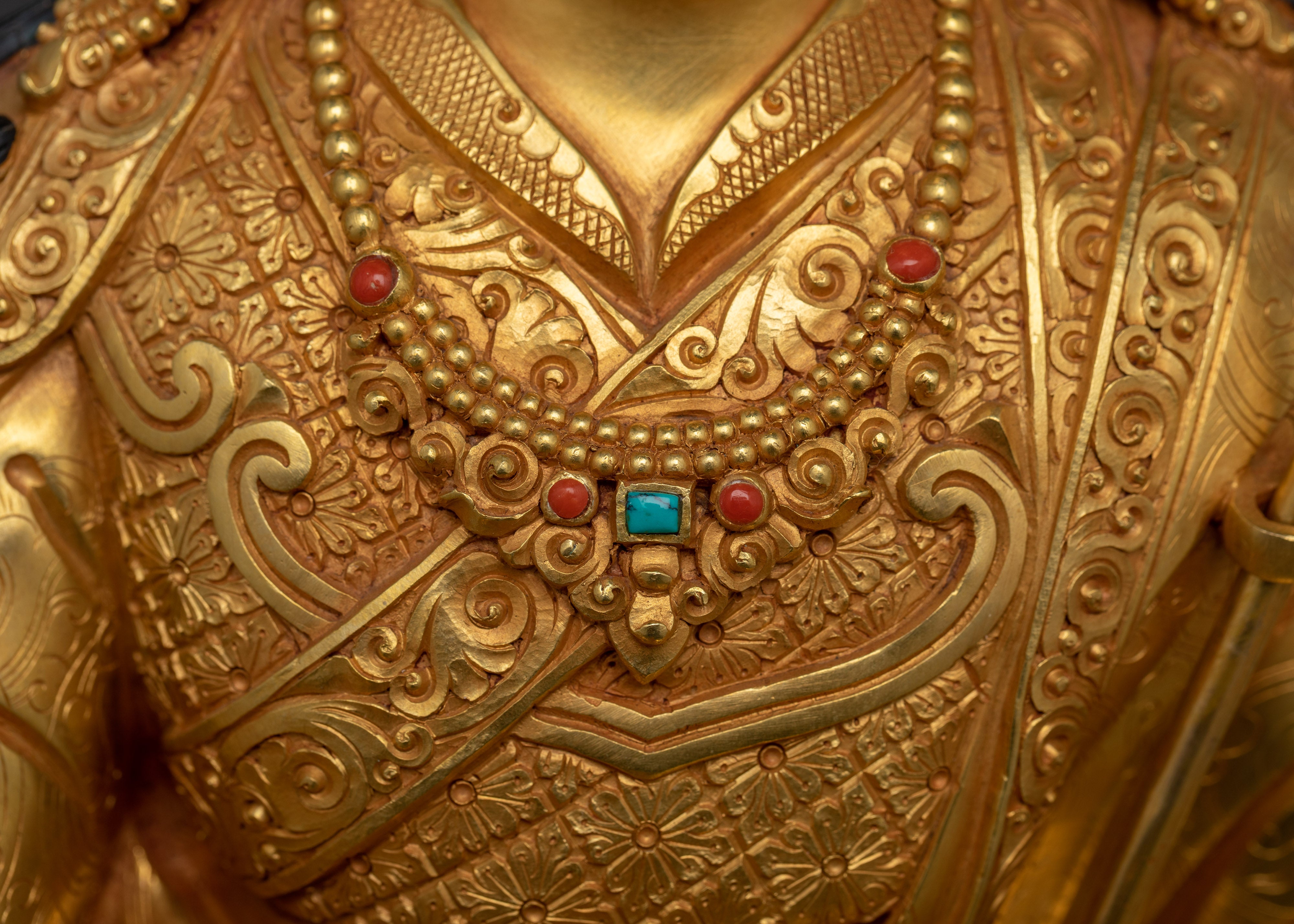 Sacred Guru Rinpoche Statue | 24K Gold Gilded with Hand Carved Gemstones