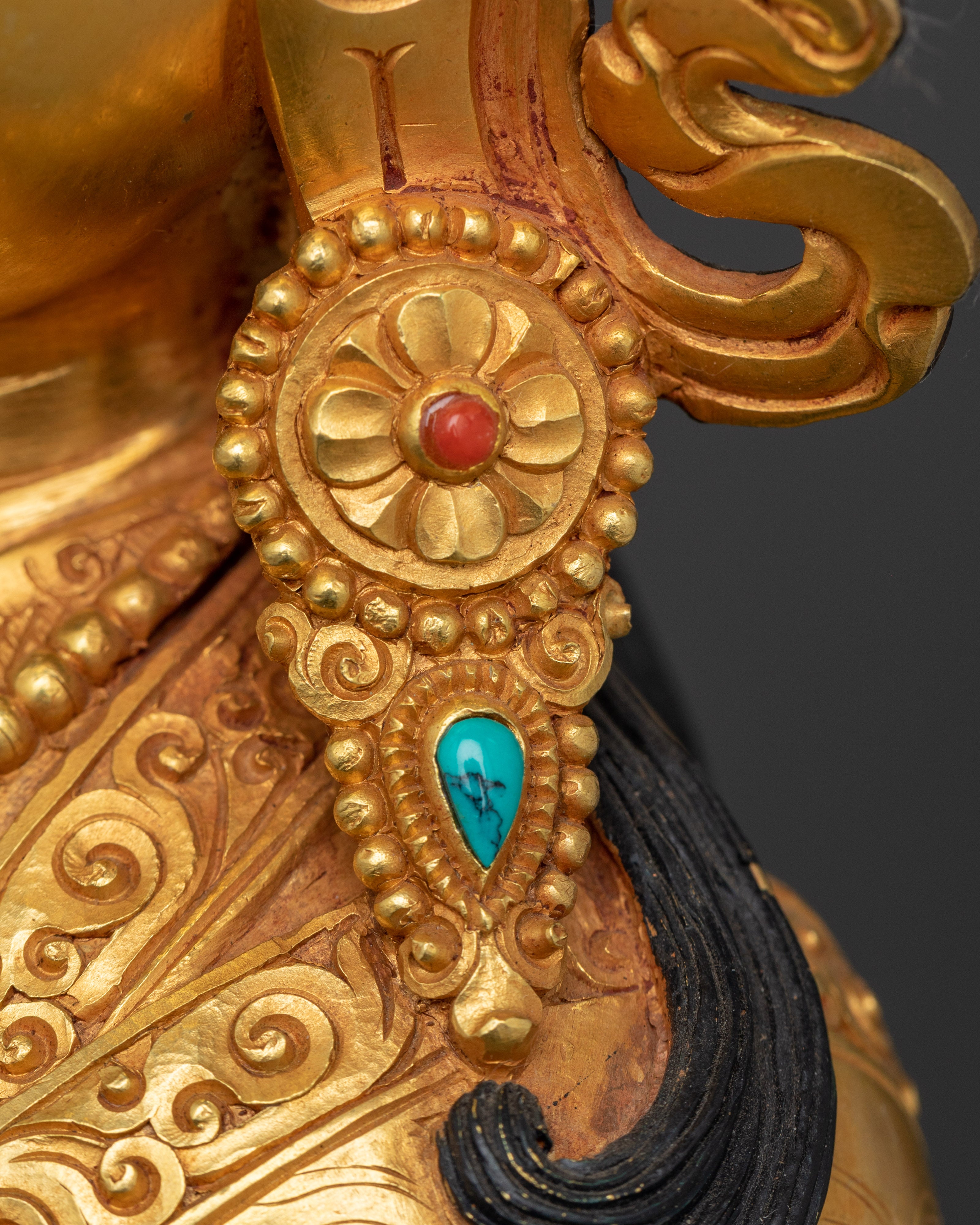 Sacred Guru Rinpoche Statue | 24K Gold Gilded with Hand Carved Gemstones