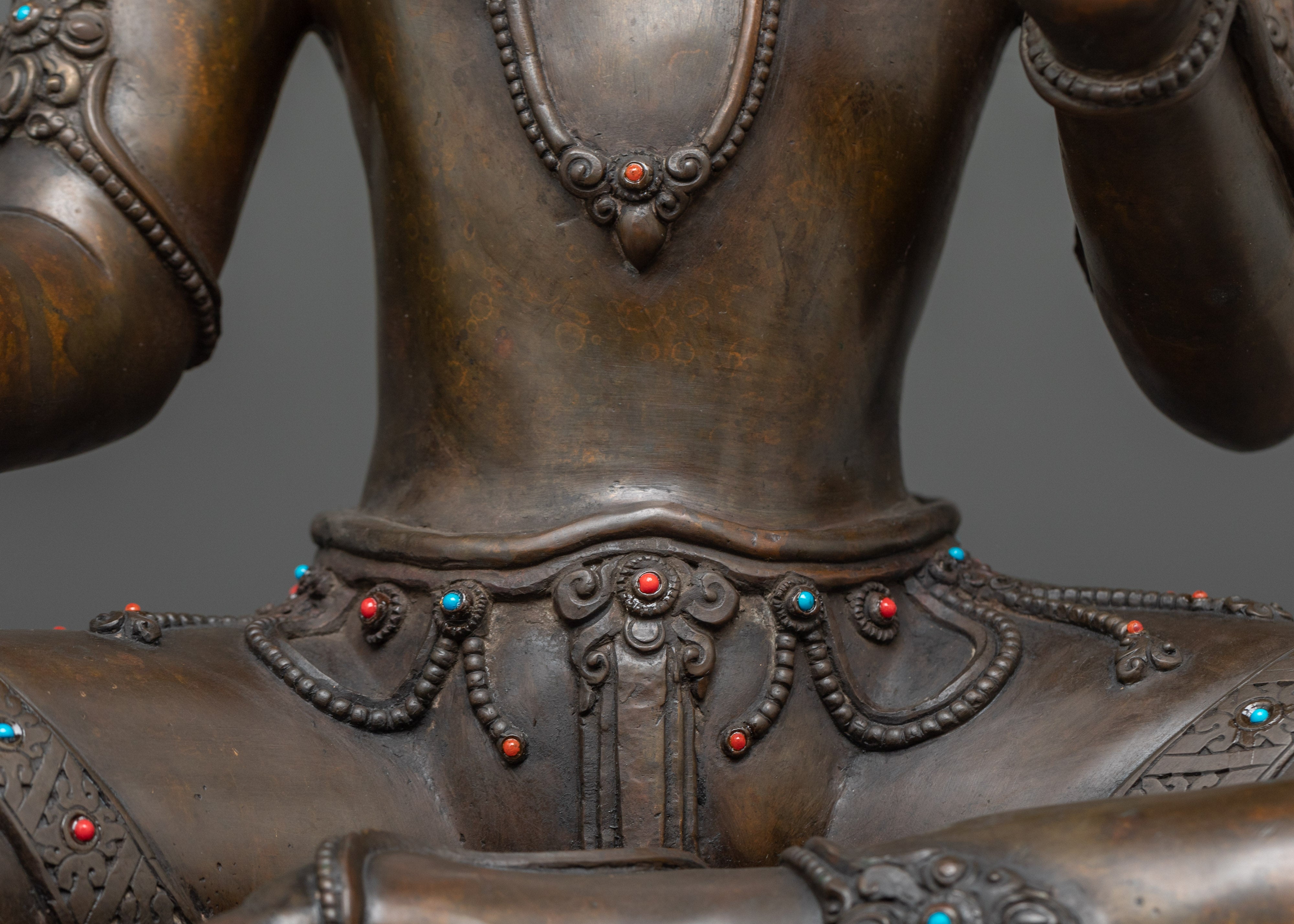 Sacred Green Tara Deity Statue | Hand-Carved Gemstone and Oxidized Copper Masterpiece