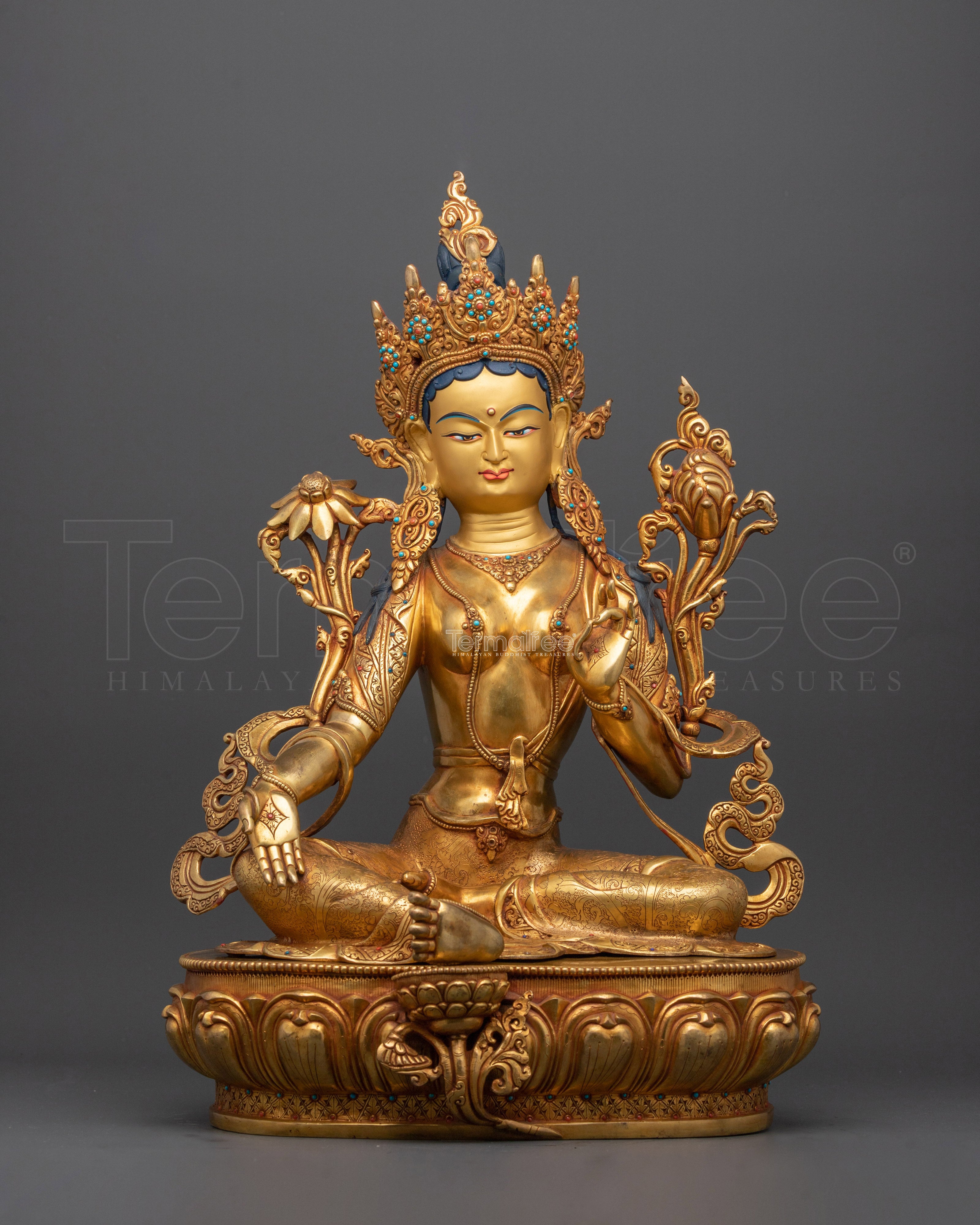 Spiritual Green Tara Figurine | 24K Gold Gilded Gemstone Copper Masterpiece