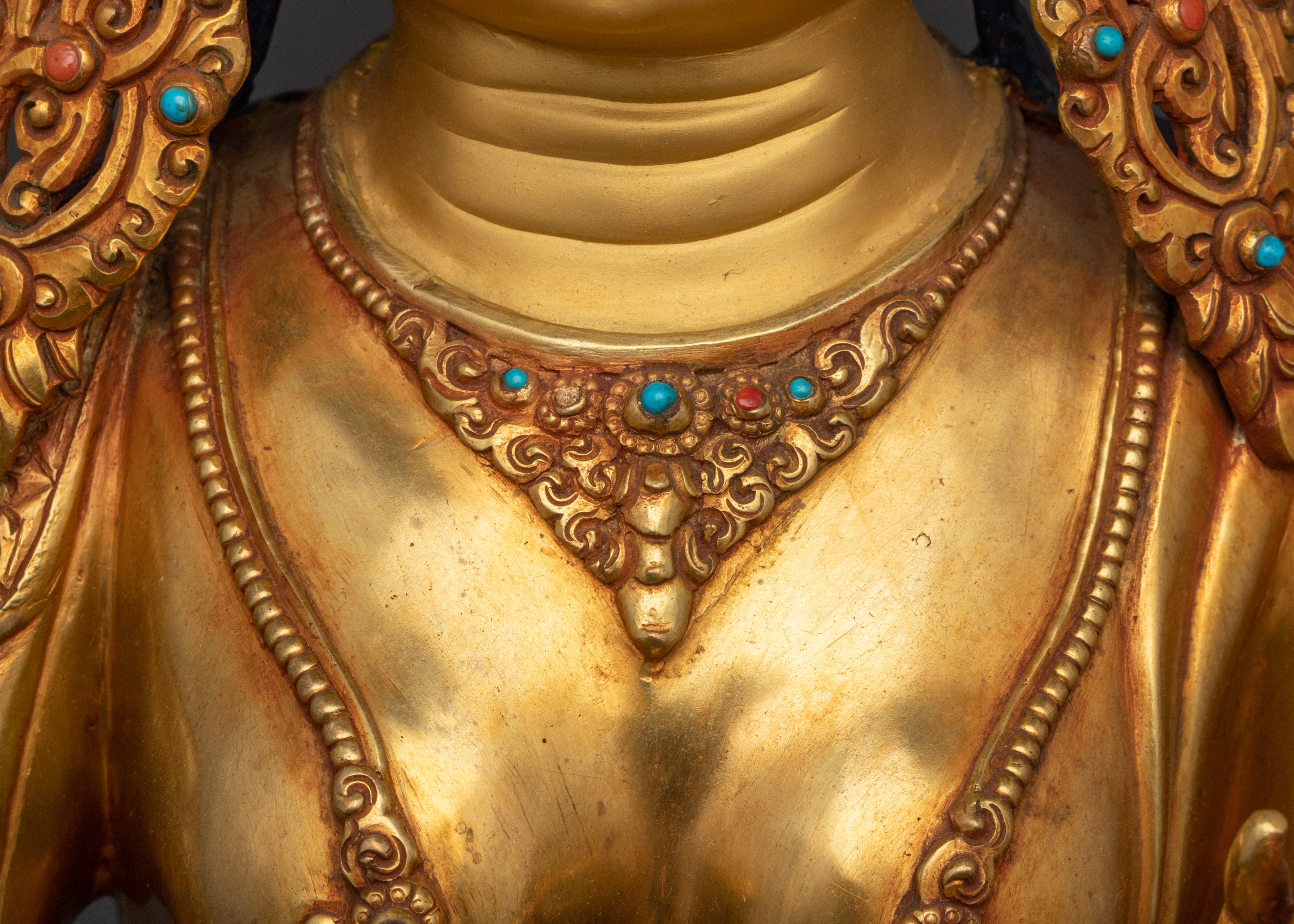 Spiritual Green Tara Figurine | 24K Gold Gilded Gemstone Copper Masterpiece