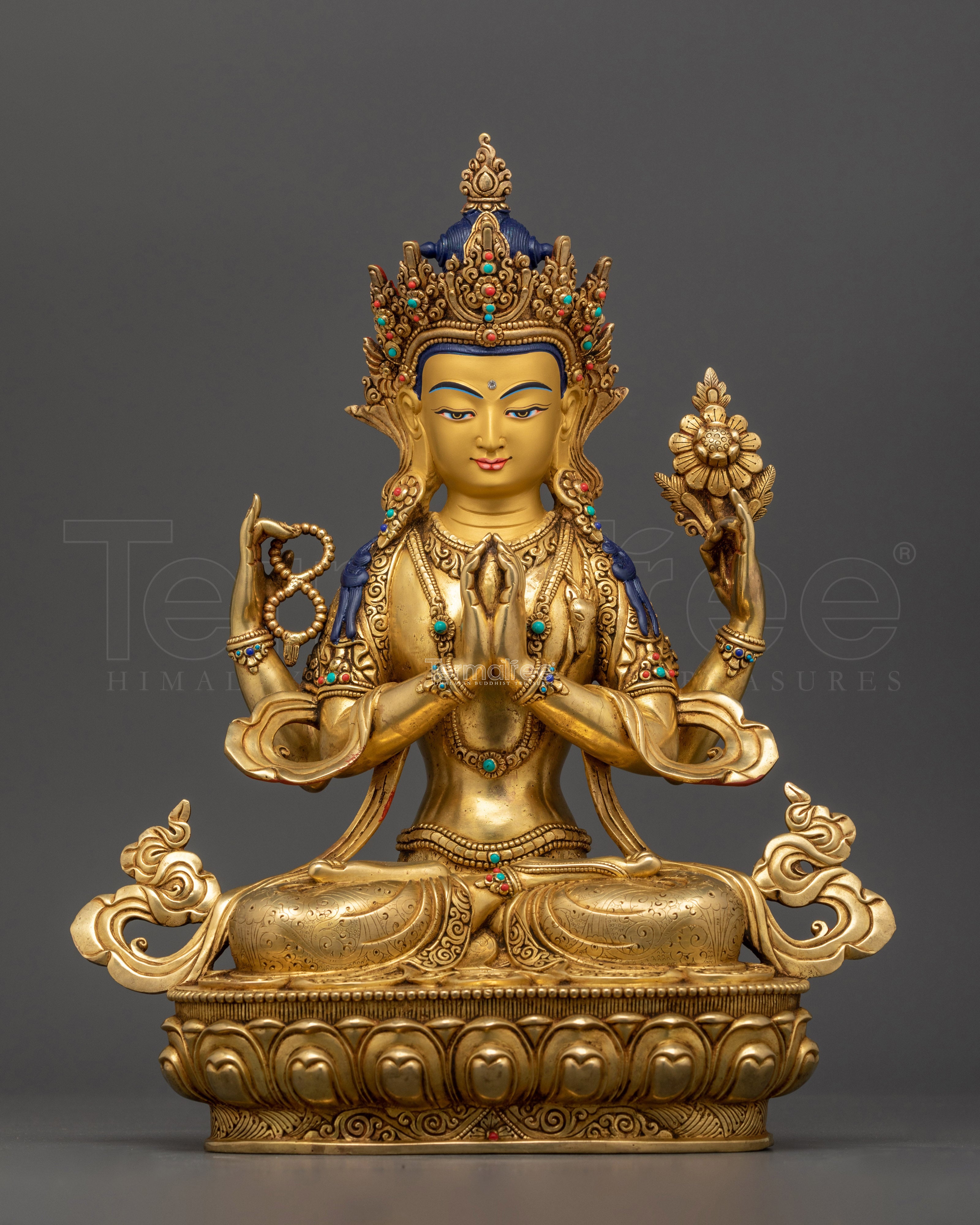 Sacred Chenrezig Buddha Figure | 24K Gold Gilded Gemstone Embellished Copper Masterpiece