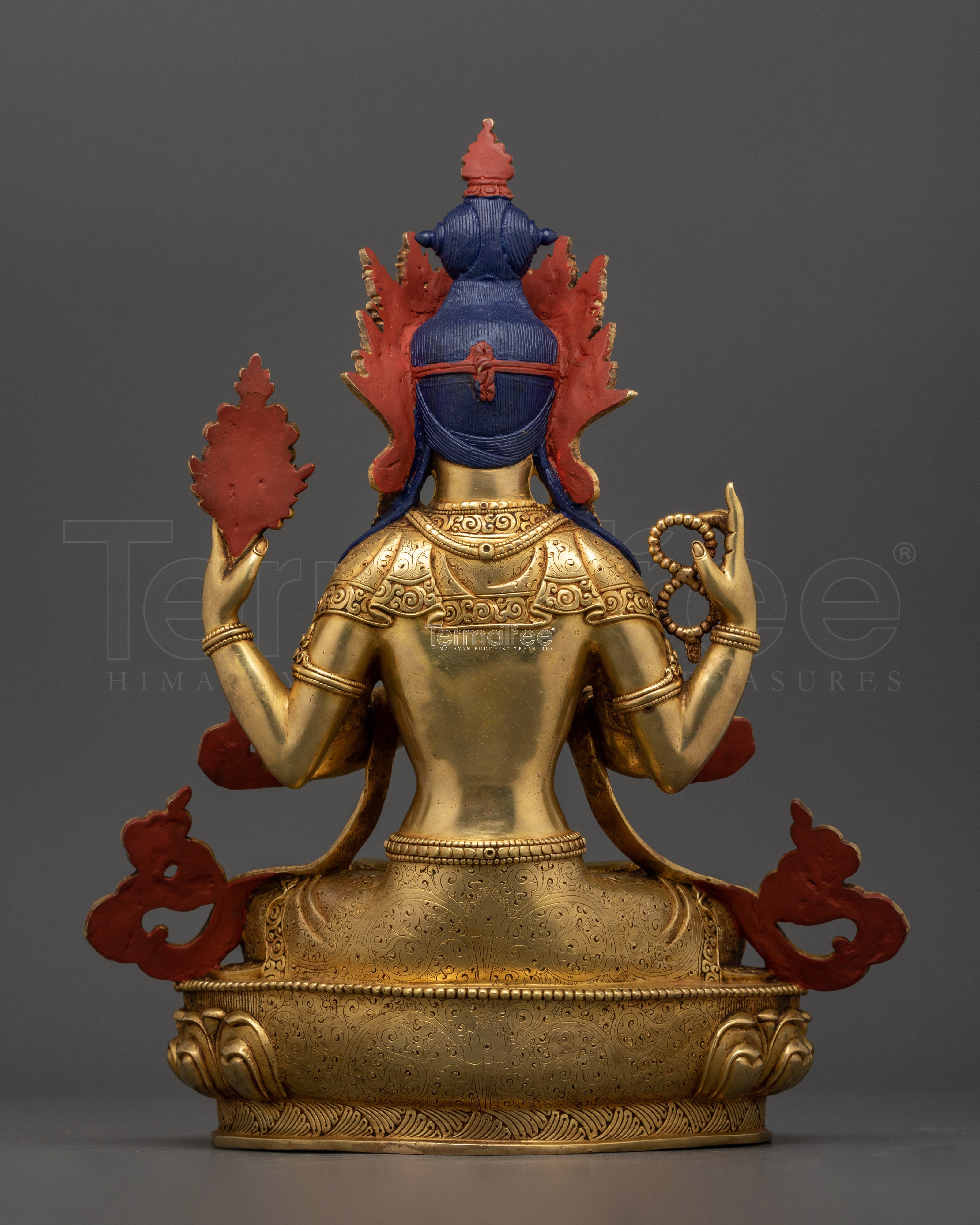 Sacred Chenrezig Buddha Figure | 24K Gold Gilded Gemstone Embellished Copper Masterpiece