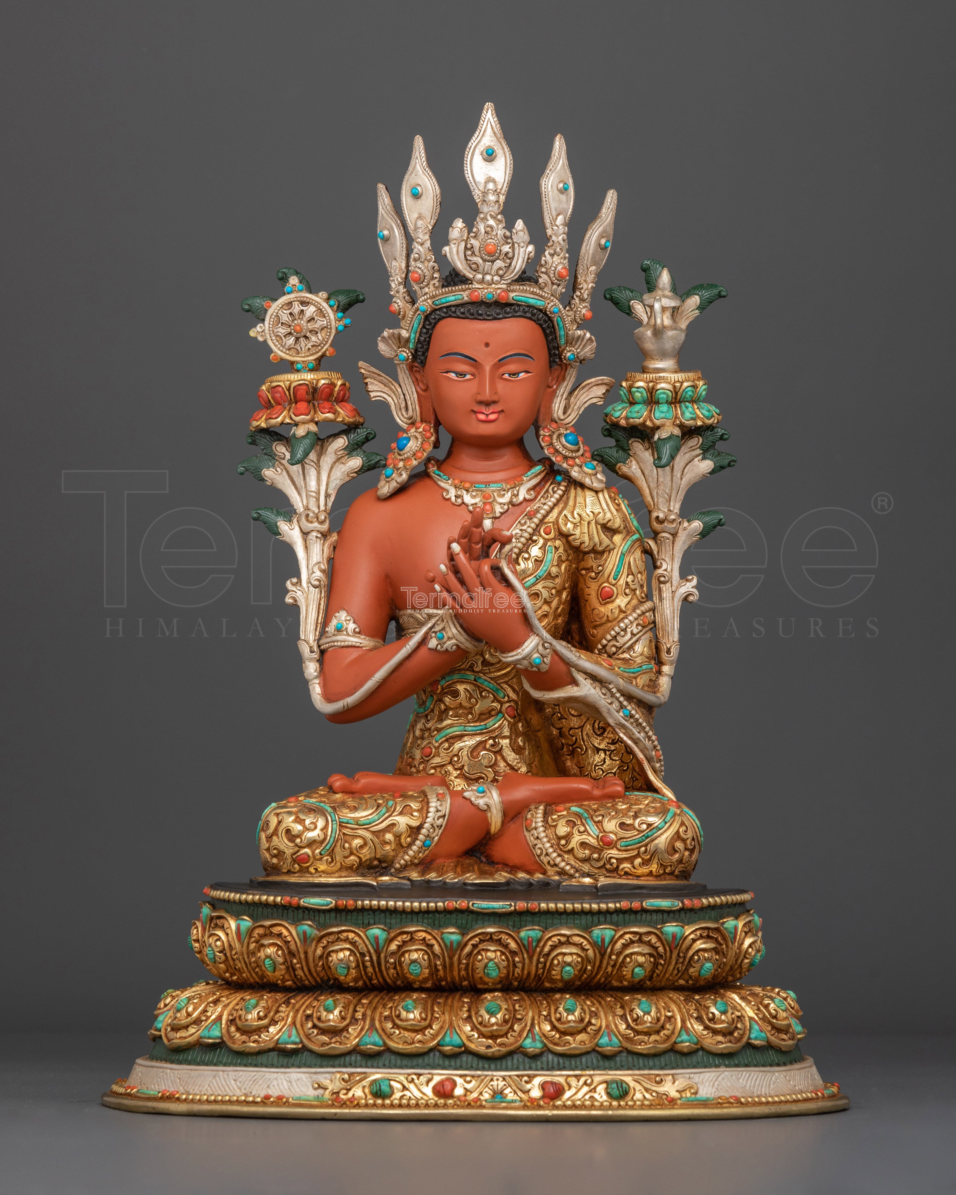 Maitrya Buddha Statue | 24K Gold Gilded Copper Figure with Gemstones