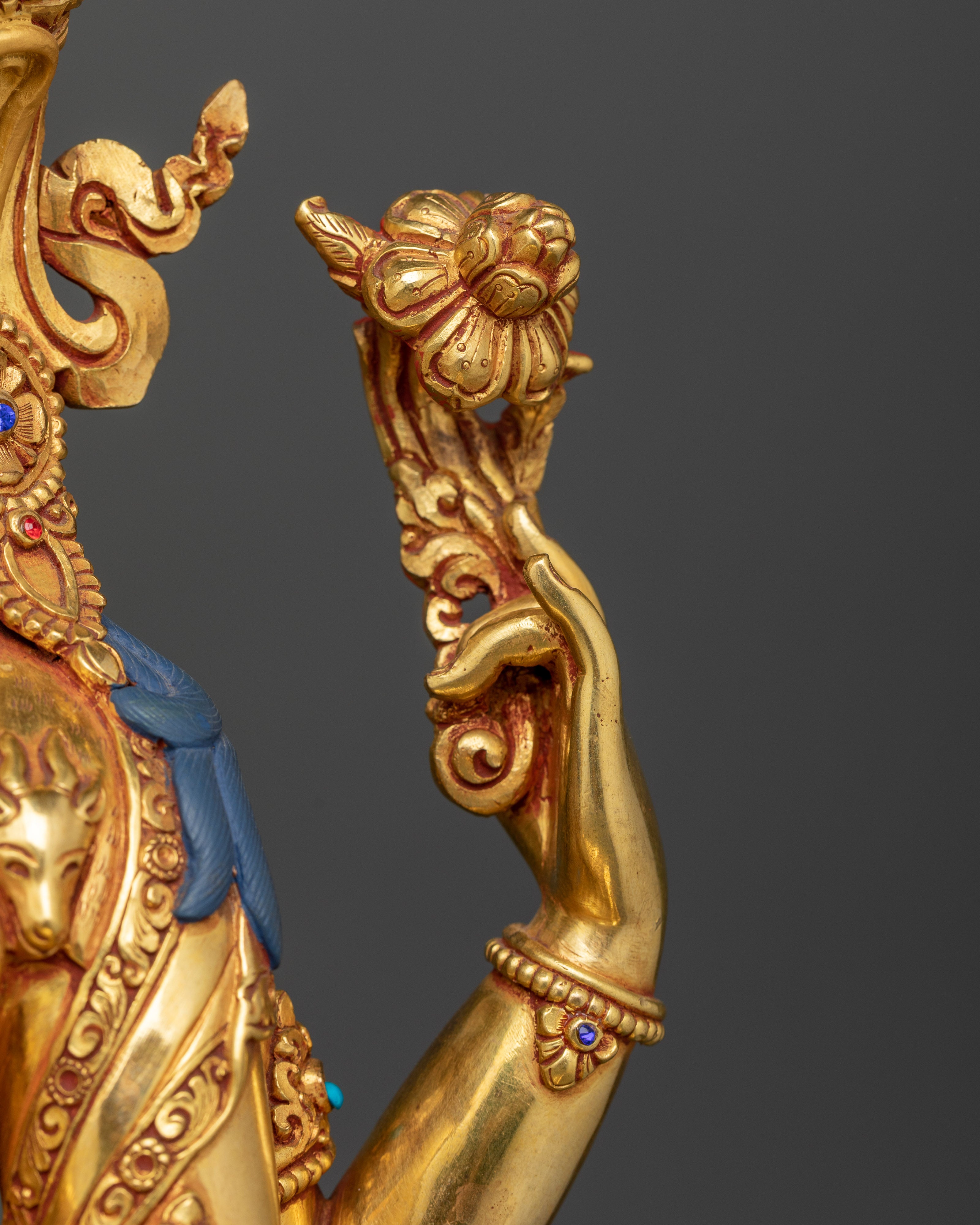 Avalokiteshvara Chenrezig Figurine | Gold-Gilded Compassion Deity | Tibetan Buddhist Art