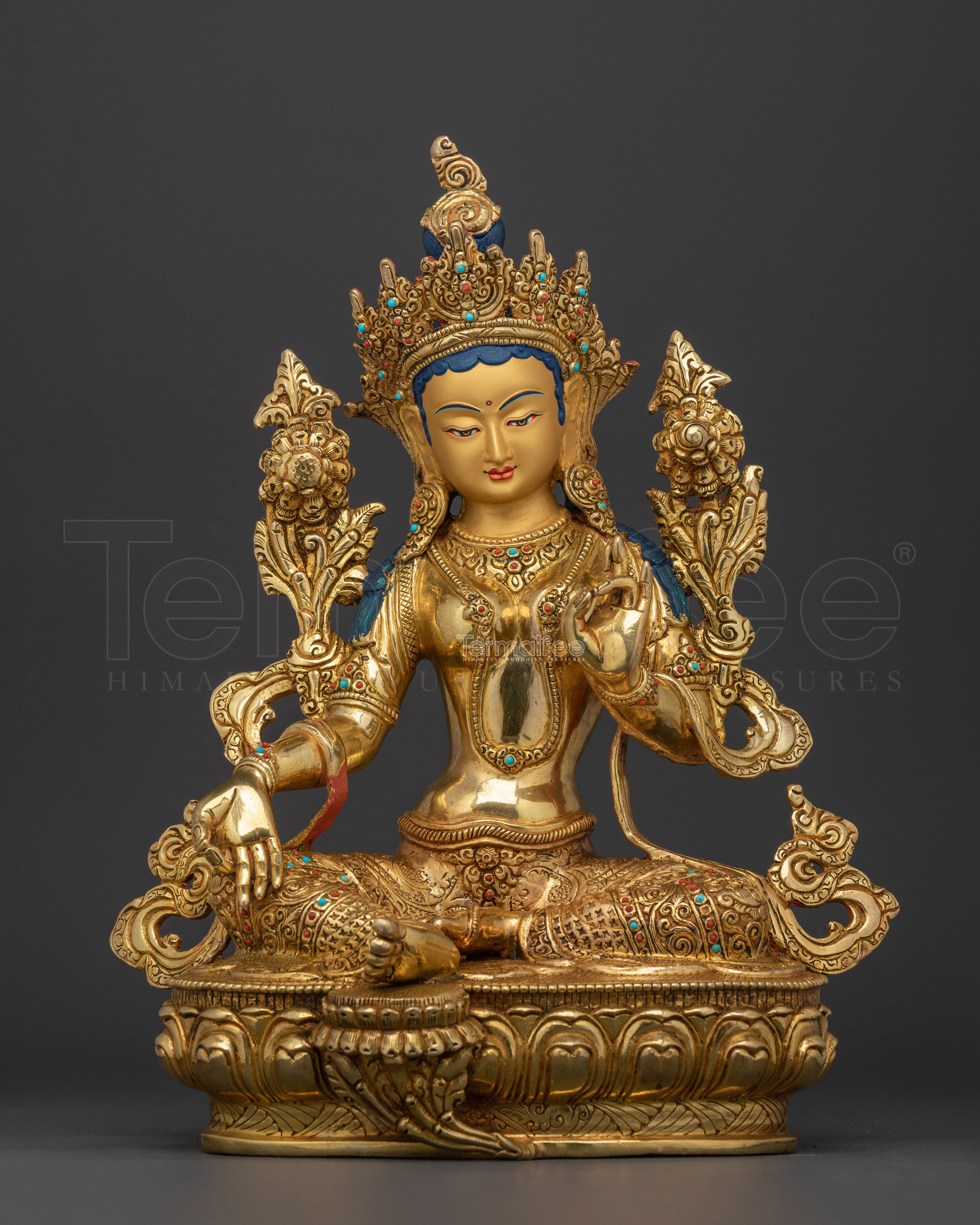 Tibetan Green Tara figurine | 24K Gold Gilded with small Gemston