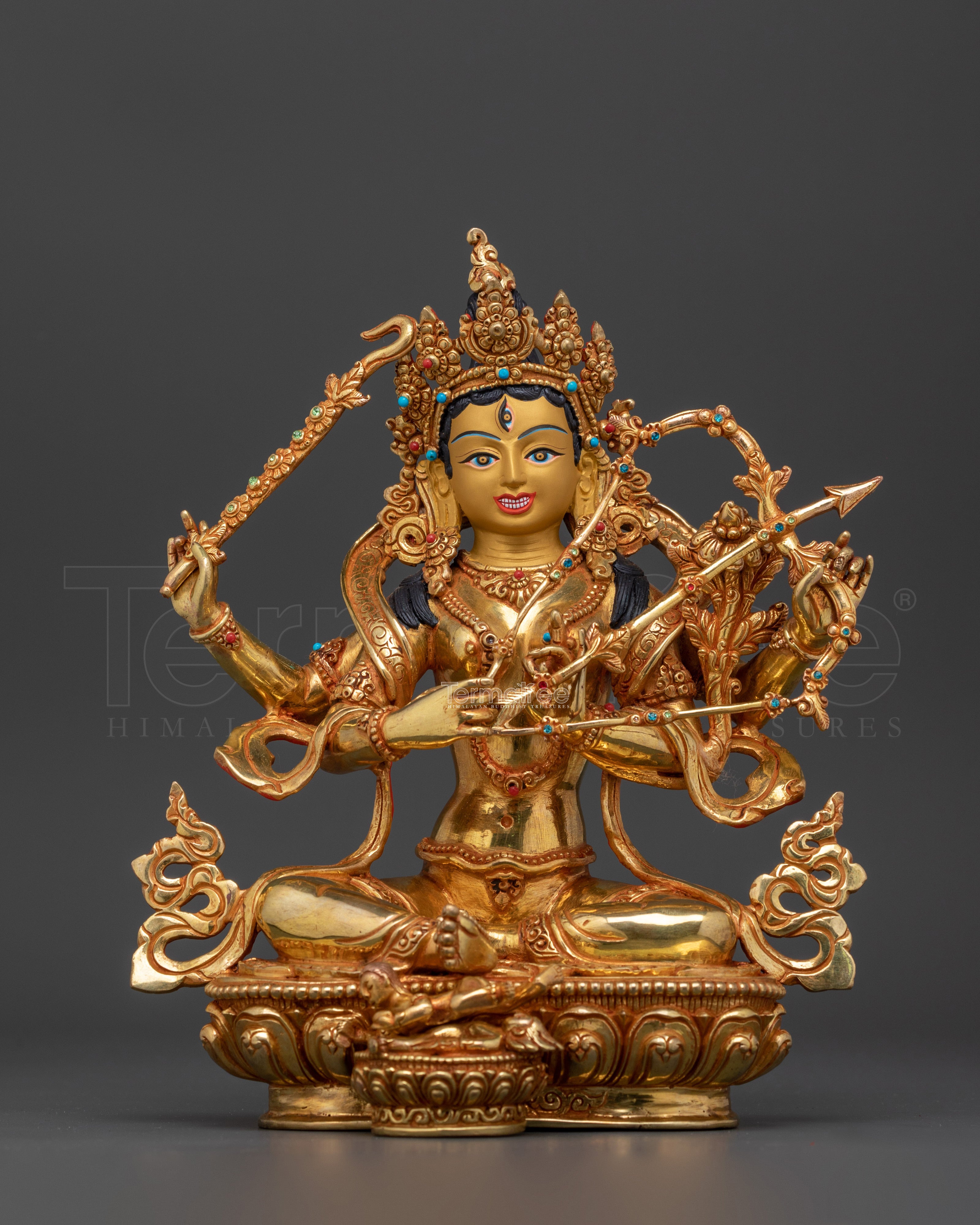 Handcarved Kurukulla Dakini Deity | 24K Gold Gilded Copper Figure