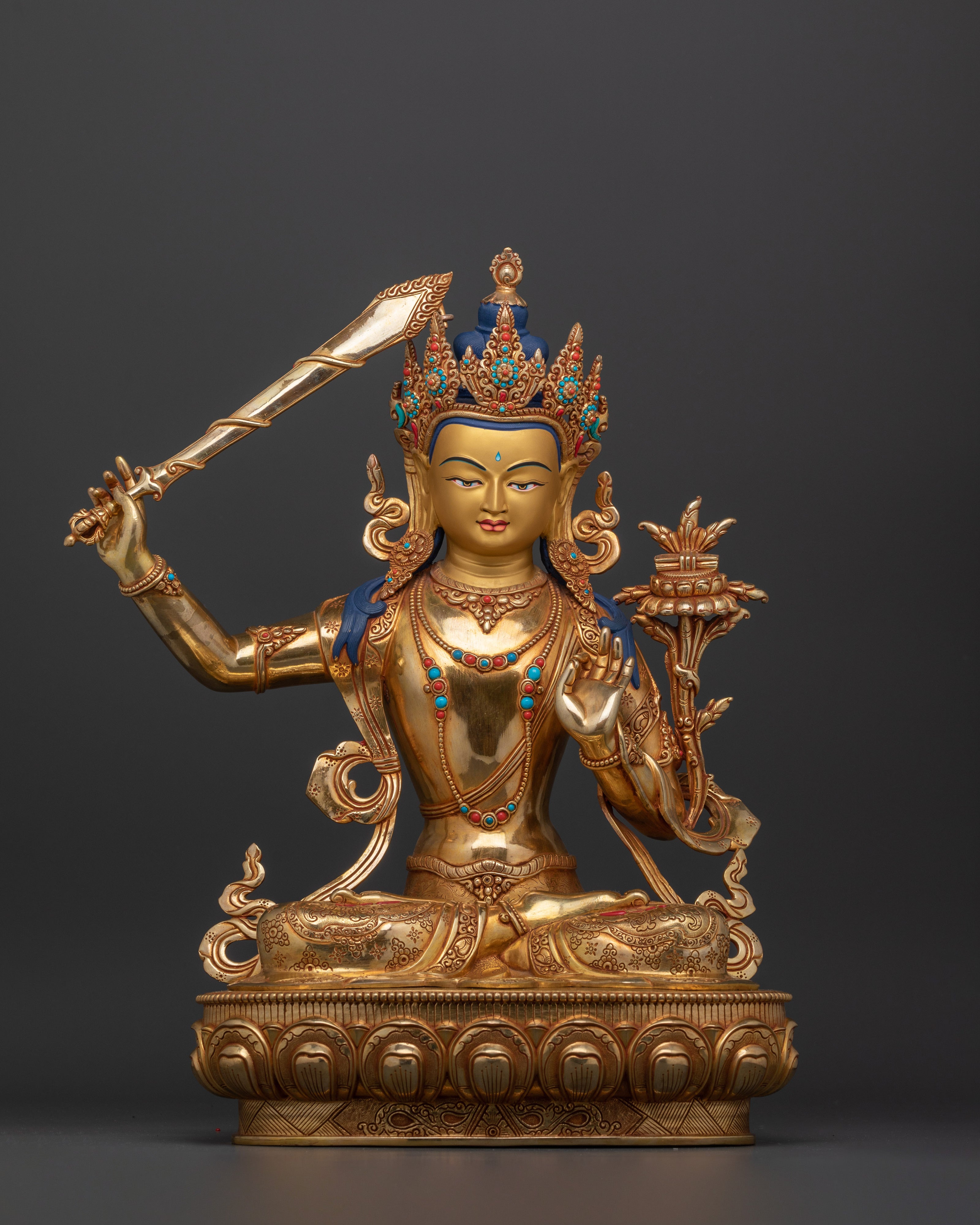 24K Gold Gilded Peaceful Manjushri Figure | Enlightened Wisdom Deity
