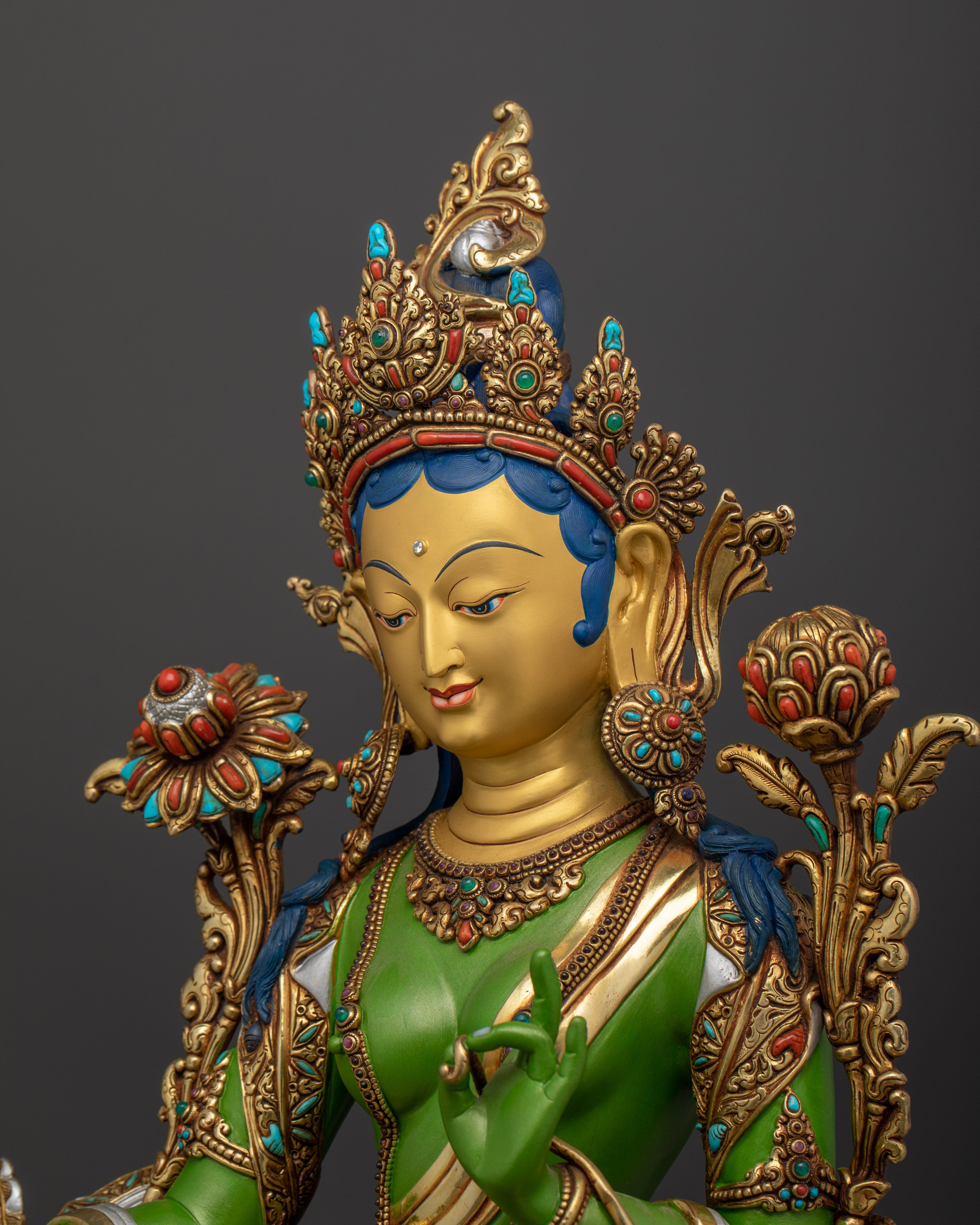 The Compassionate Savior Sculpture | Beautifully Painted Green Tara Statue