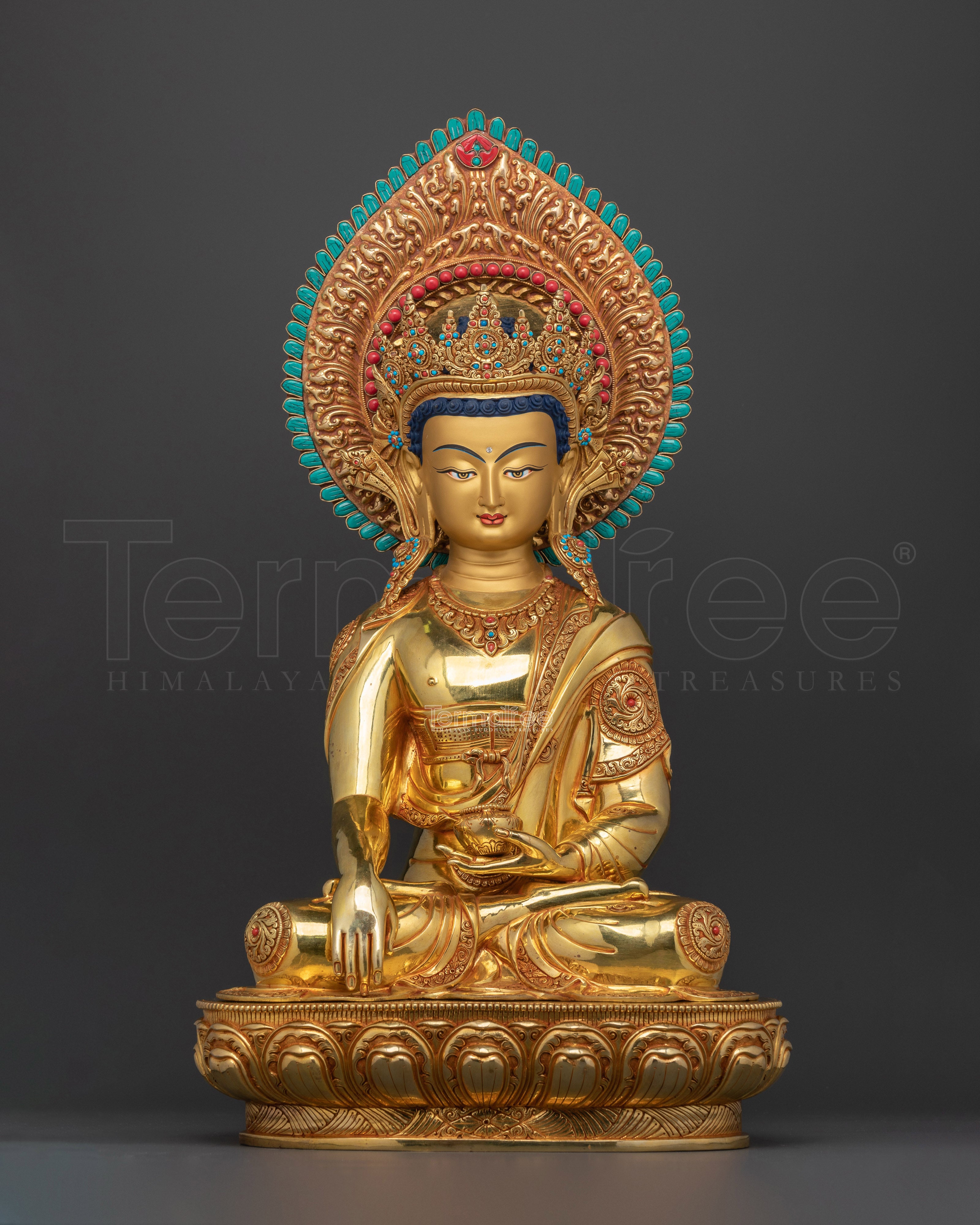 The enlightened Shakyamuni Buddha with Halo | 24K Gold Gilded Copper Statue