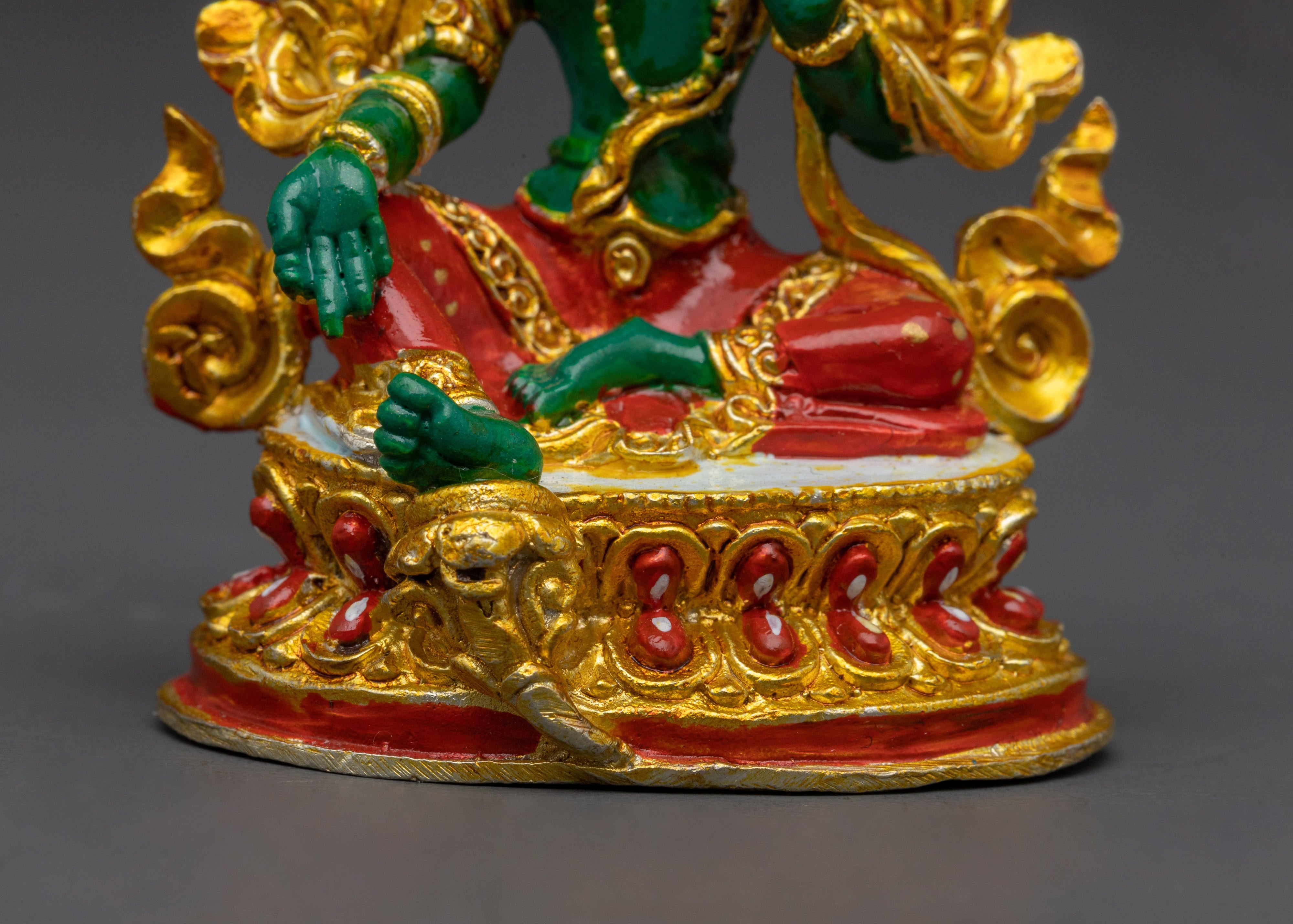 Gold Electroplated Green Tara Female Goddess | 2.4 Inches Miniature Spiritual Statue