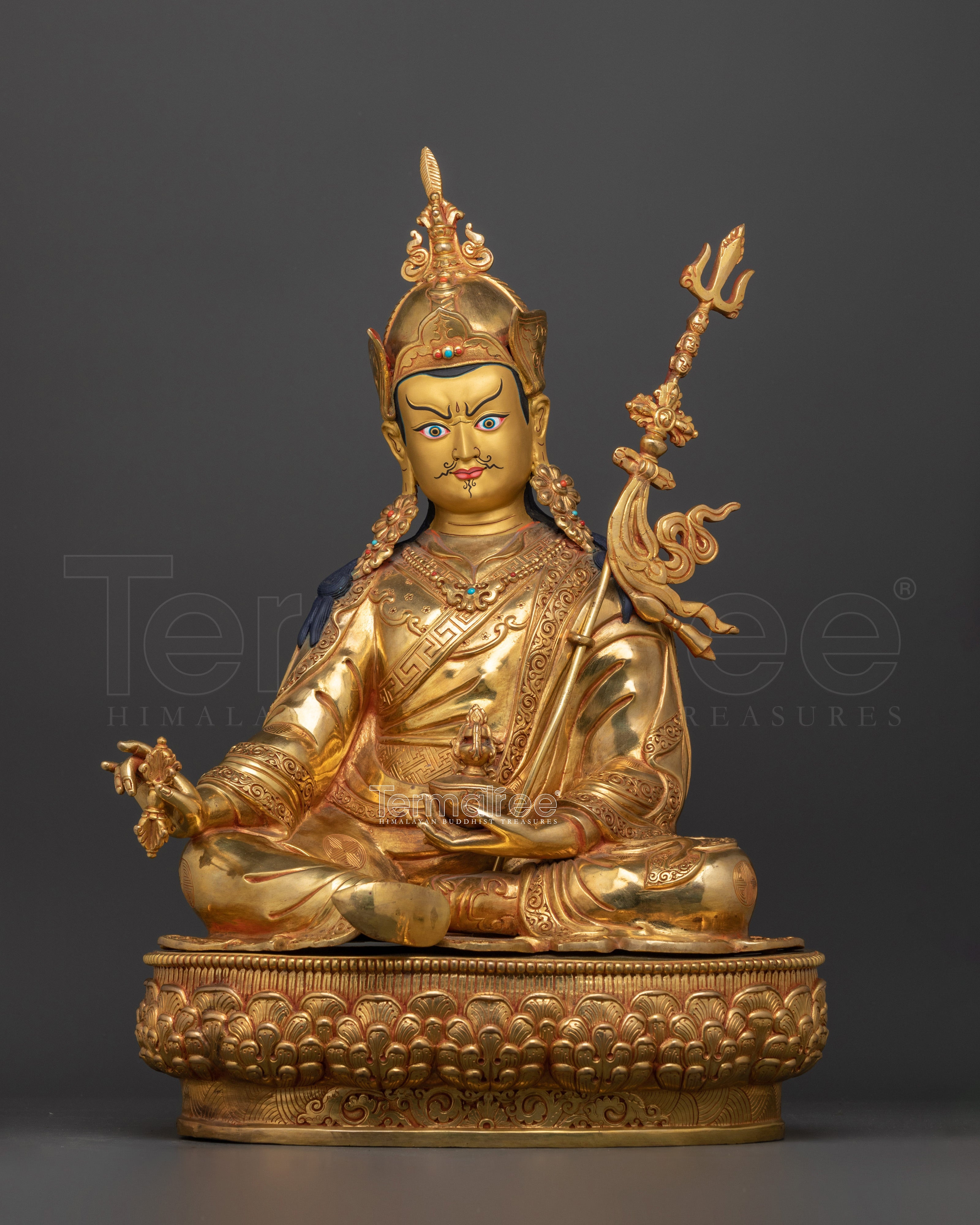 Tibetan Tantric Guru Rinpoche | Handcrafted Gold Gilded Sculpture