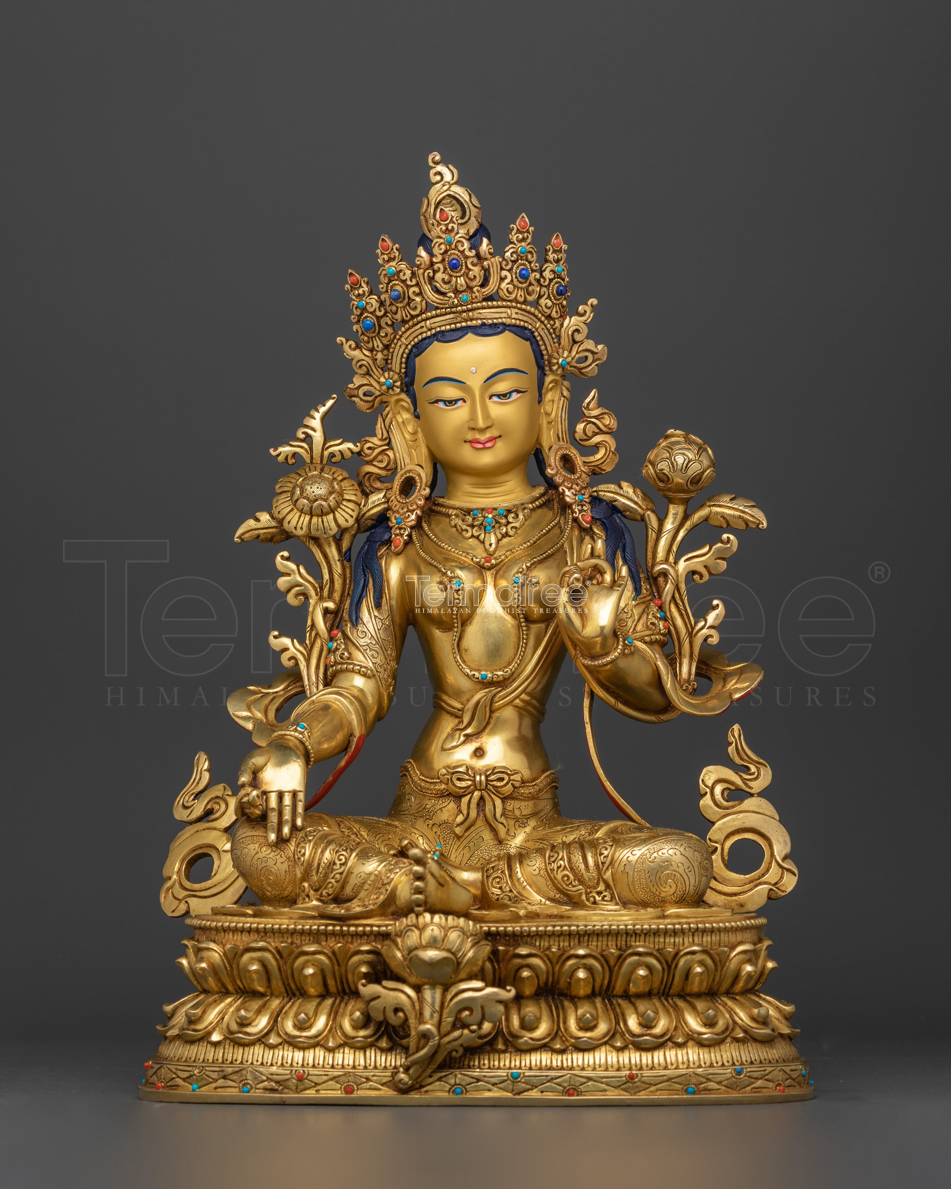 Green Tara Buddha Goddess Statue | 24K Gold Gilded Copper Sculpture