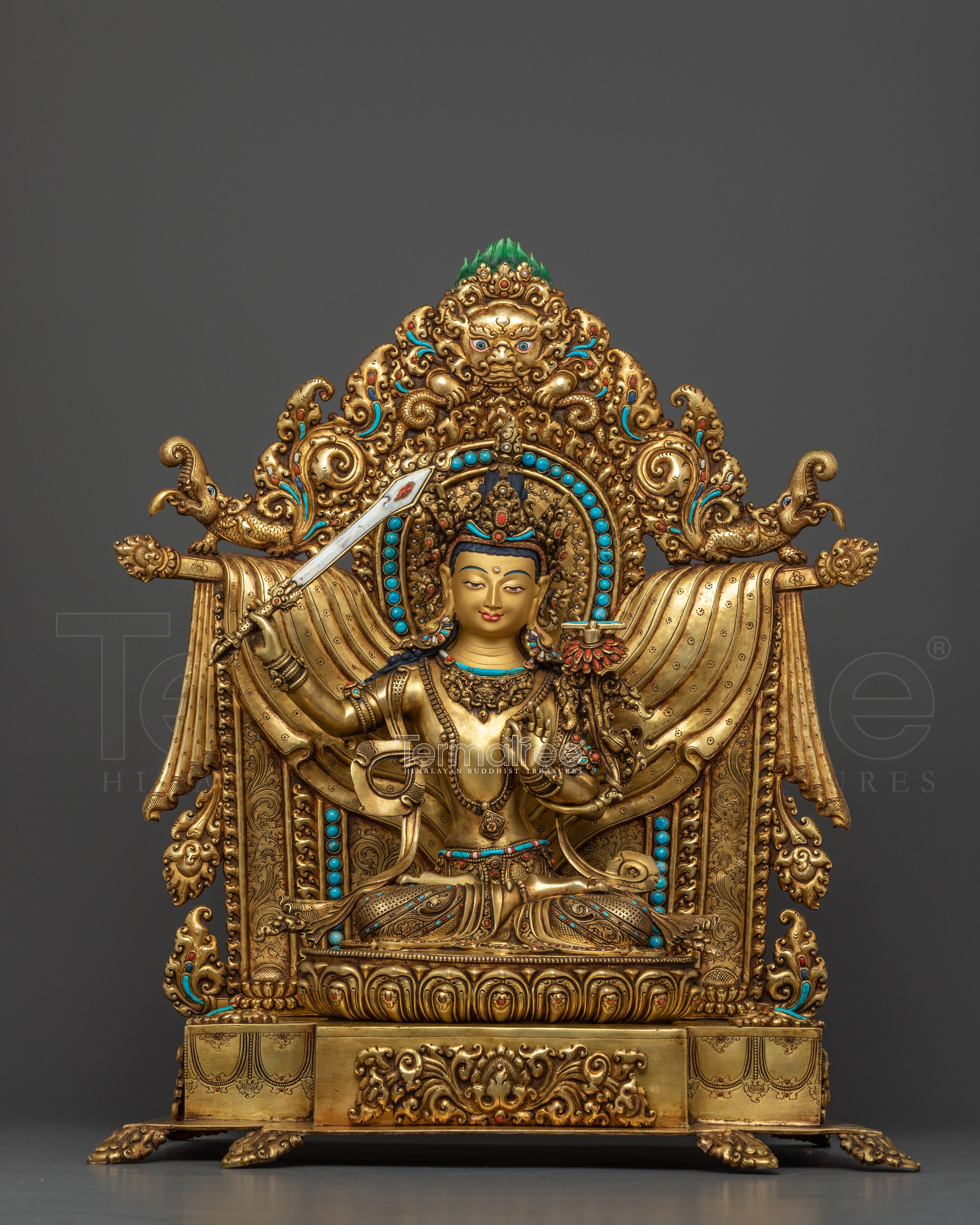 Bodhisattva Manjushri with Throne | Exquisite 24K Gold Gilded Copper Statue