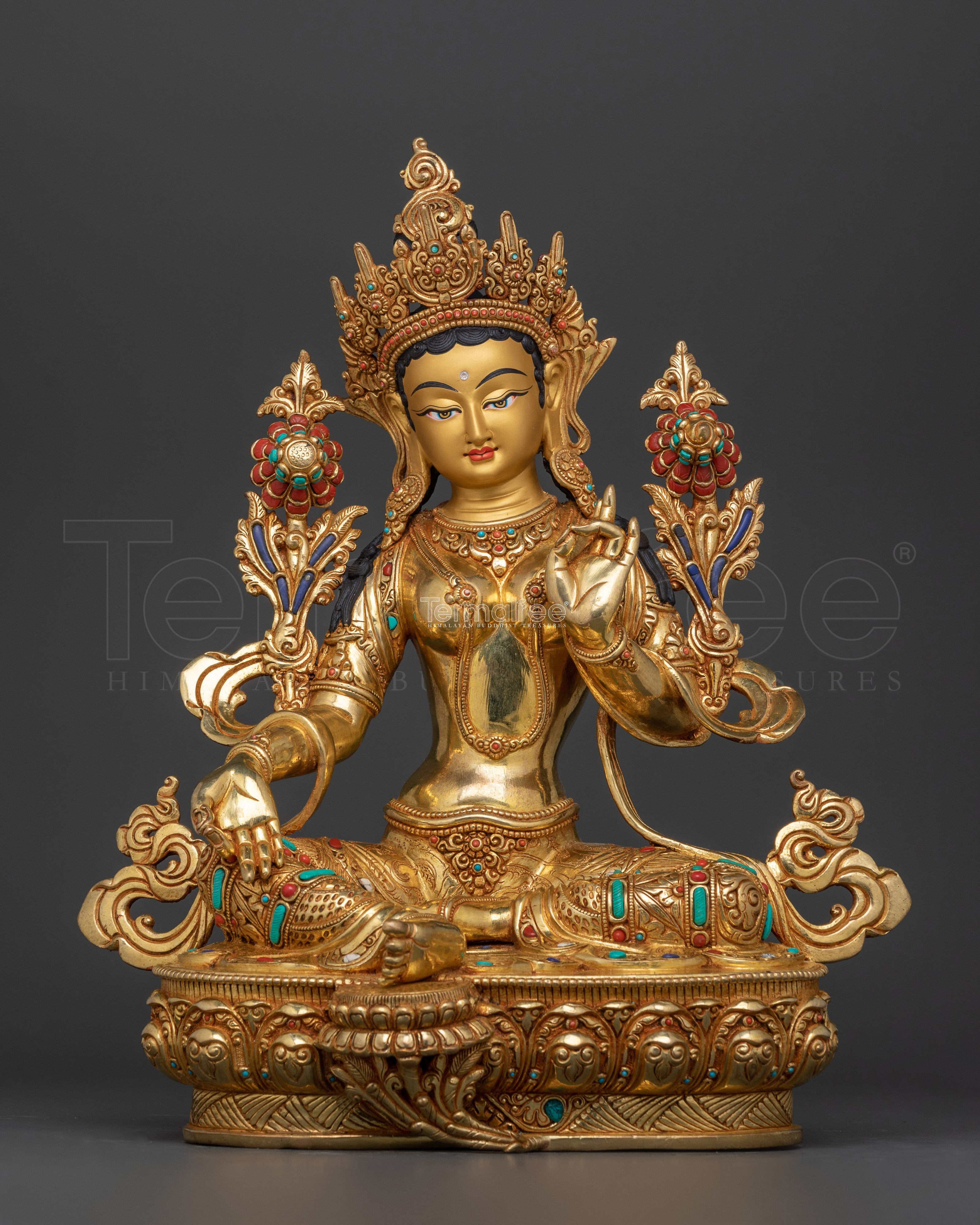 Fertility Goddess Green Tara Statue | 24K Gold Gilded Copper Sculpture