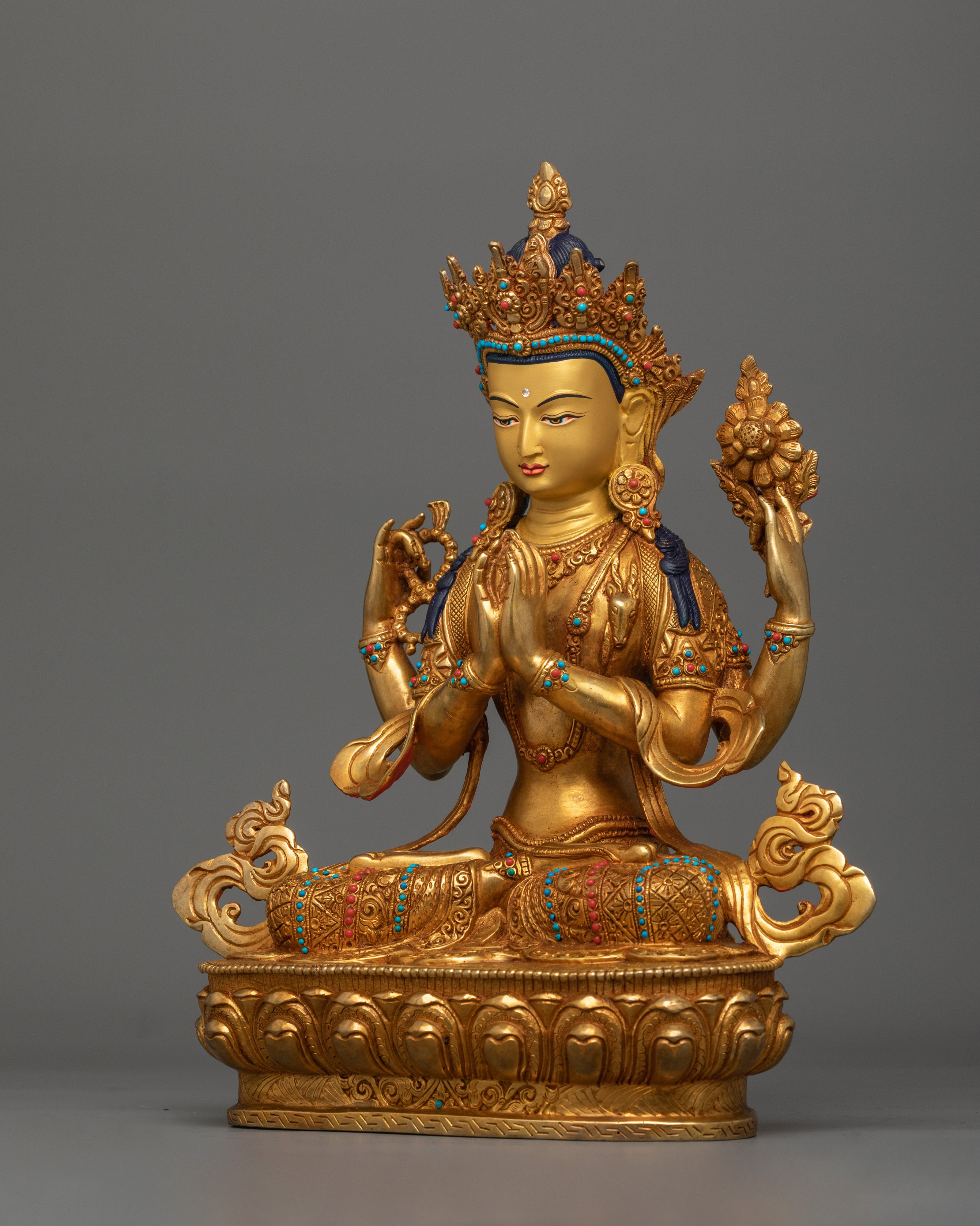 Handmade Chenrezig Serene Deity | 24K Gold Gilded Copper Statue