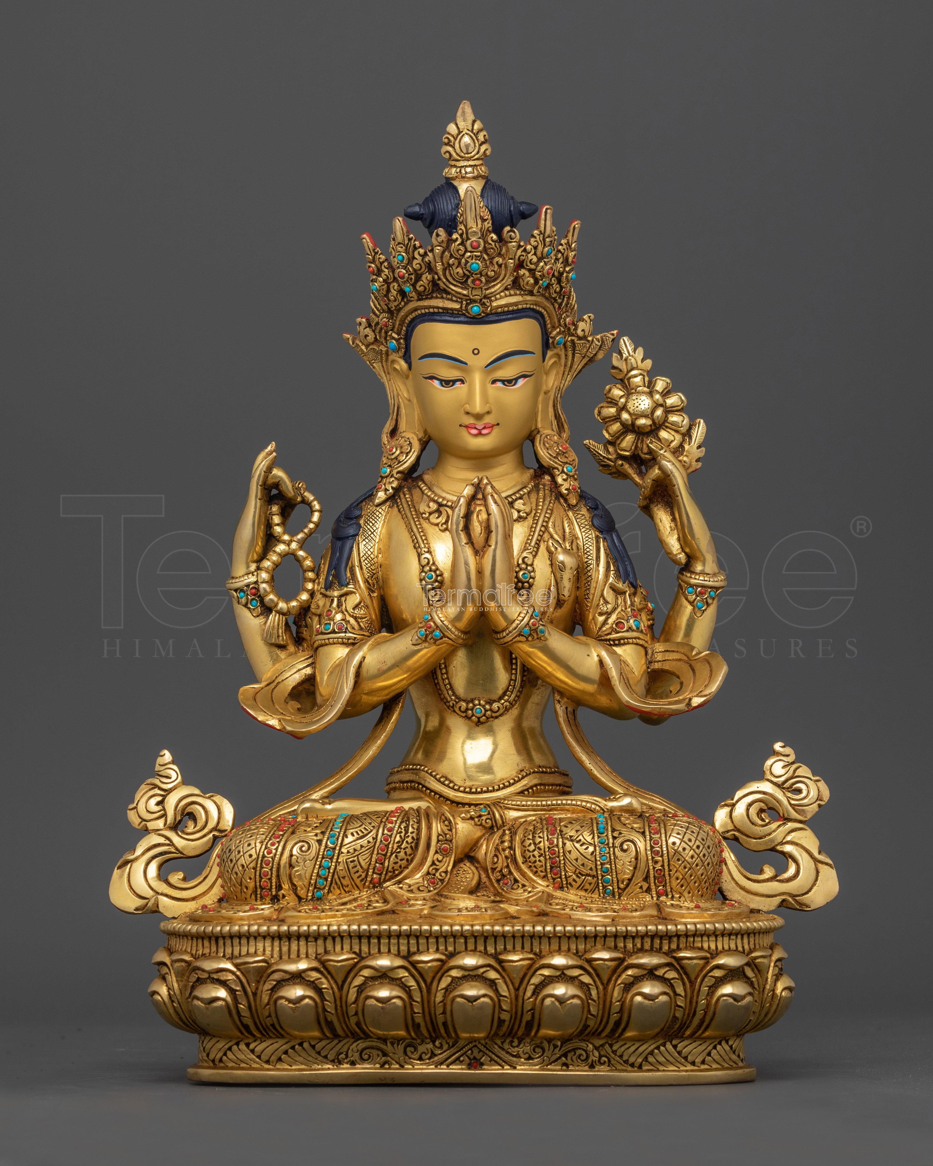 Tibetan Chenrezig Sculpture | 24K Gold Gilded Serene Art