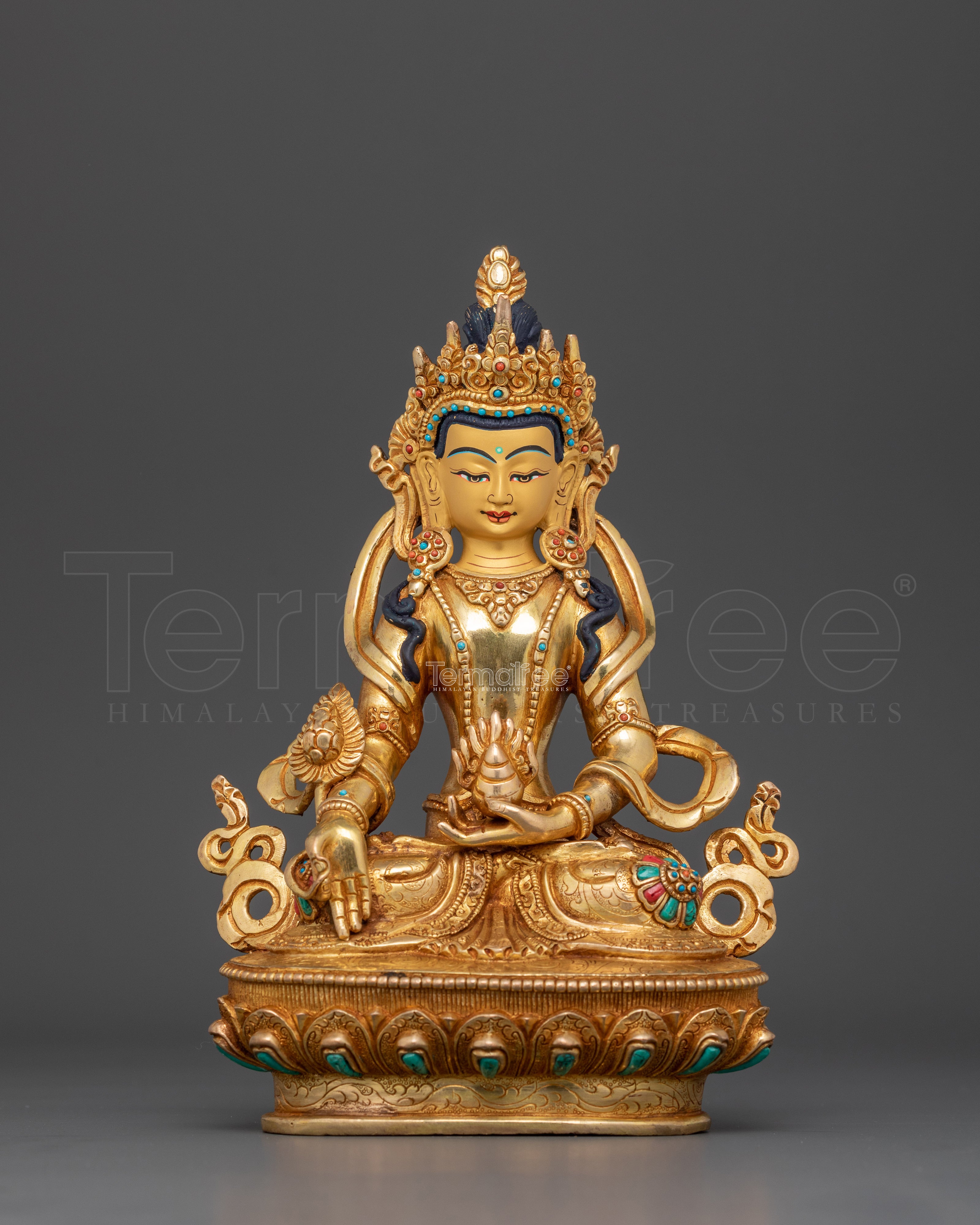 Hand-Carved Kshitigarbha Lord of the Underworld Statue | 24K Gold Gilded Tibetan Sculpture