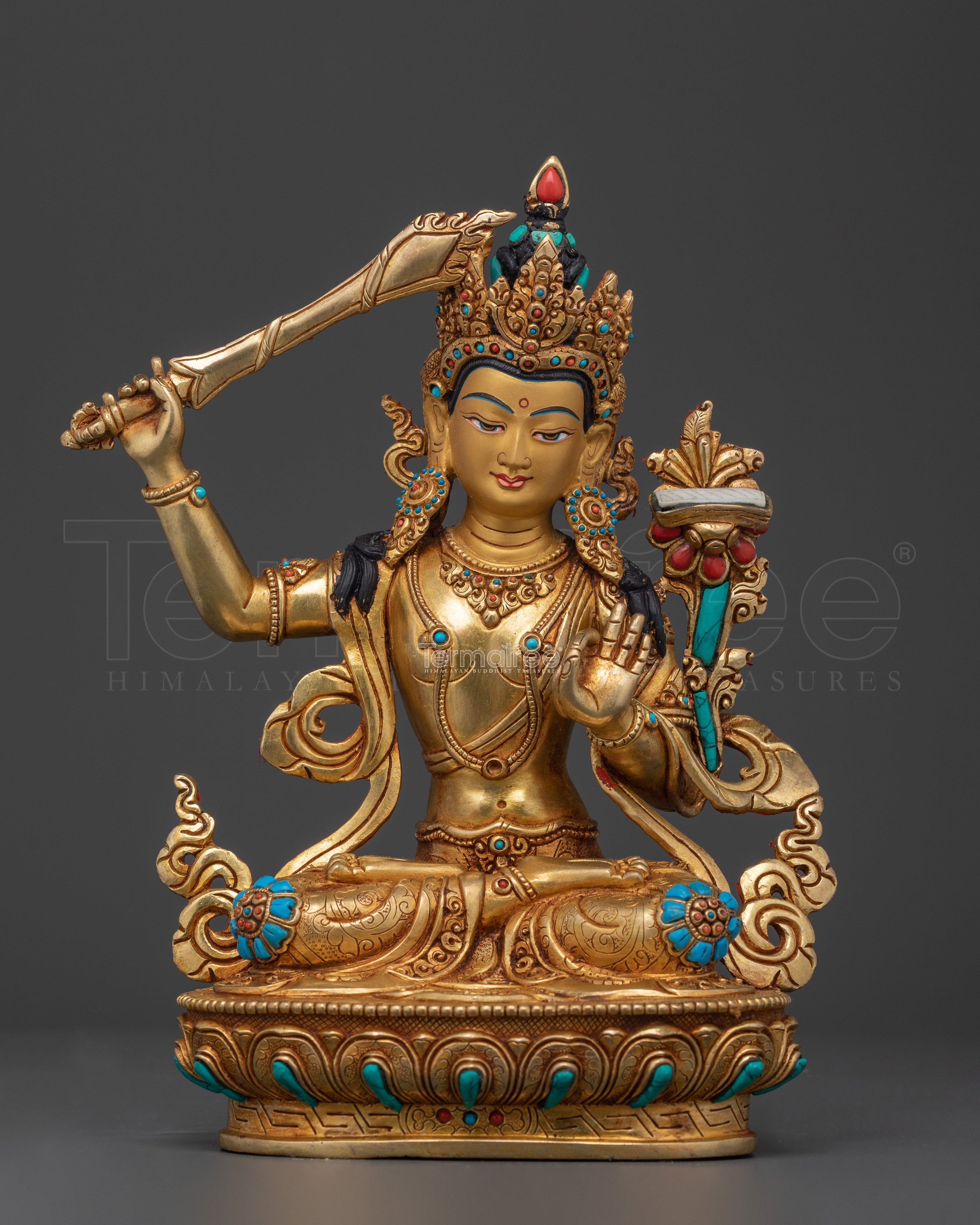 Meditational Deity Manjushri | 24K Gold Gilded with Hand Carved Gemstones
