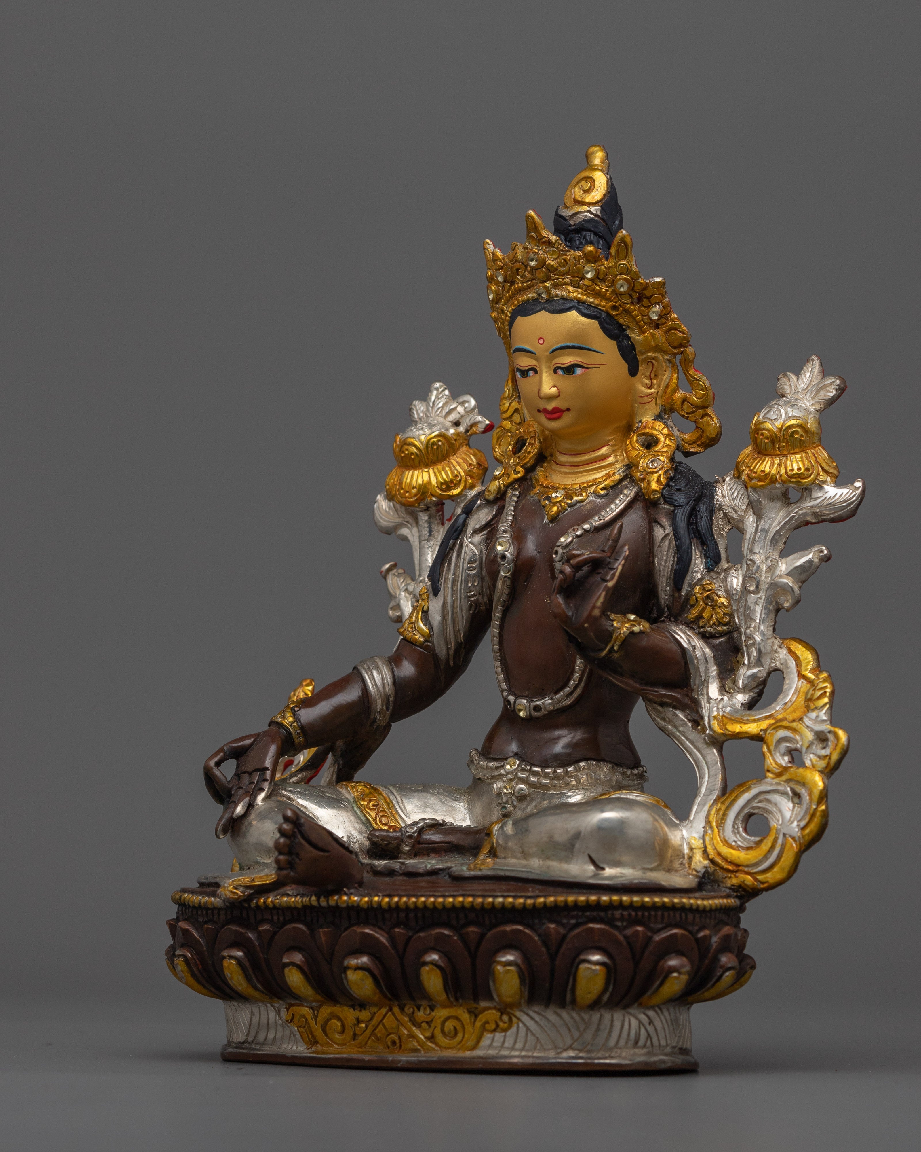 Serene Oxidized Green Tara Statue | 24K Gold Gilded Tibetan Sculpture