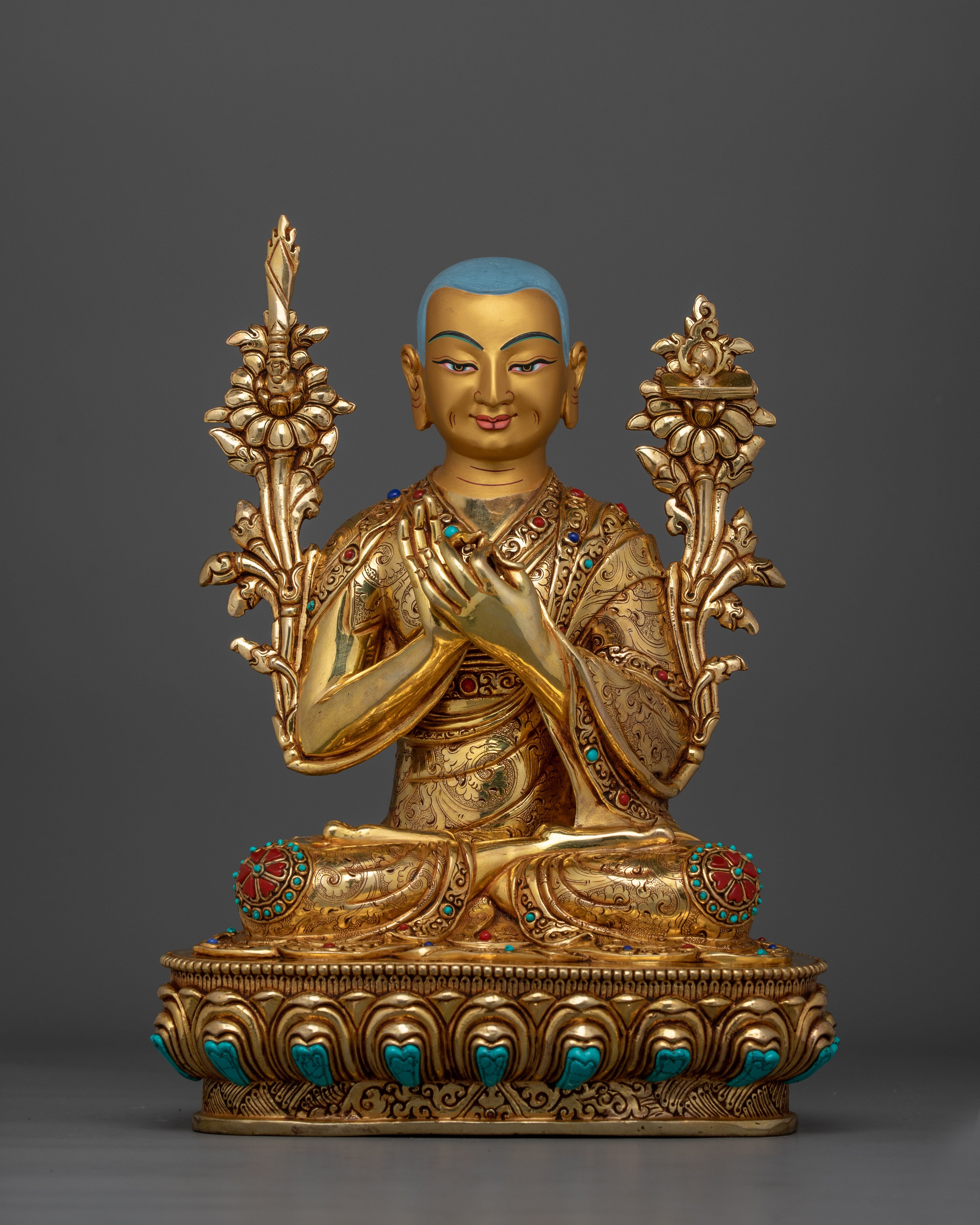 Tibetan Tsongkhapa Set | Handcrafted 24K Gold Gilded Copper Statue