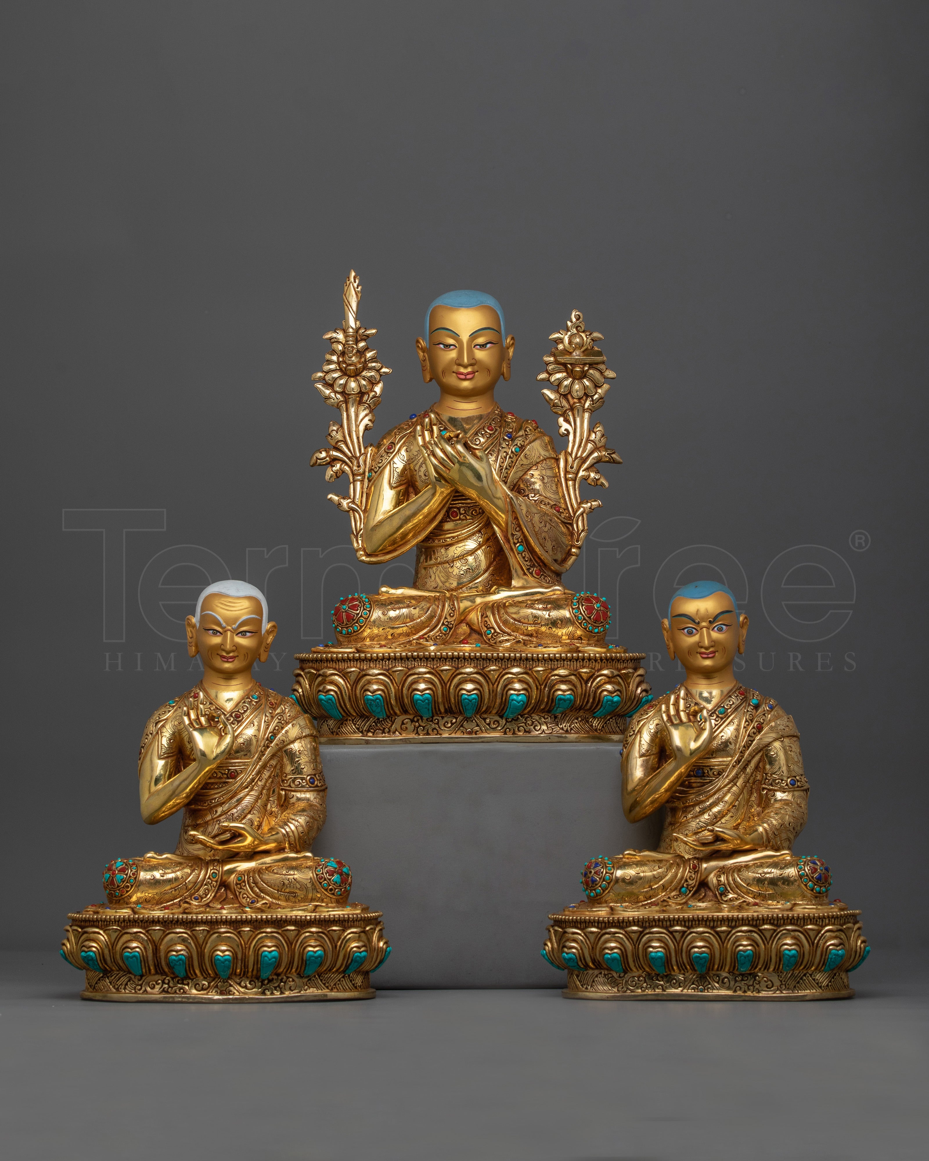Tibetan Tsongkhapa Set | Handcrafted 24K Gold Gilded Copper Statue