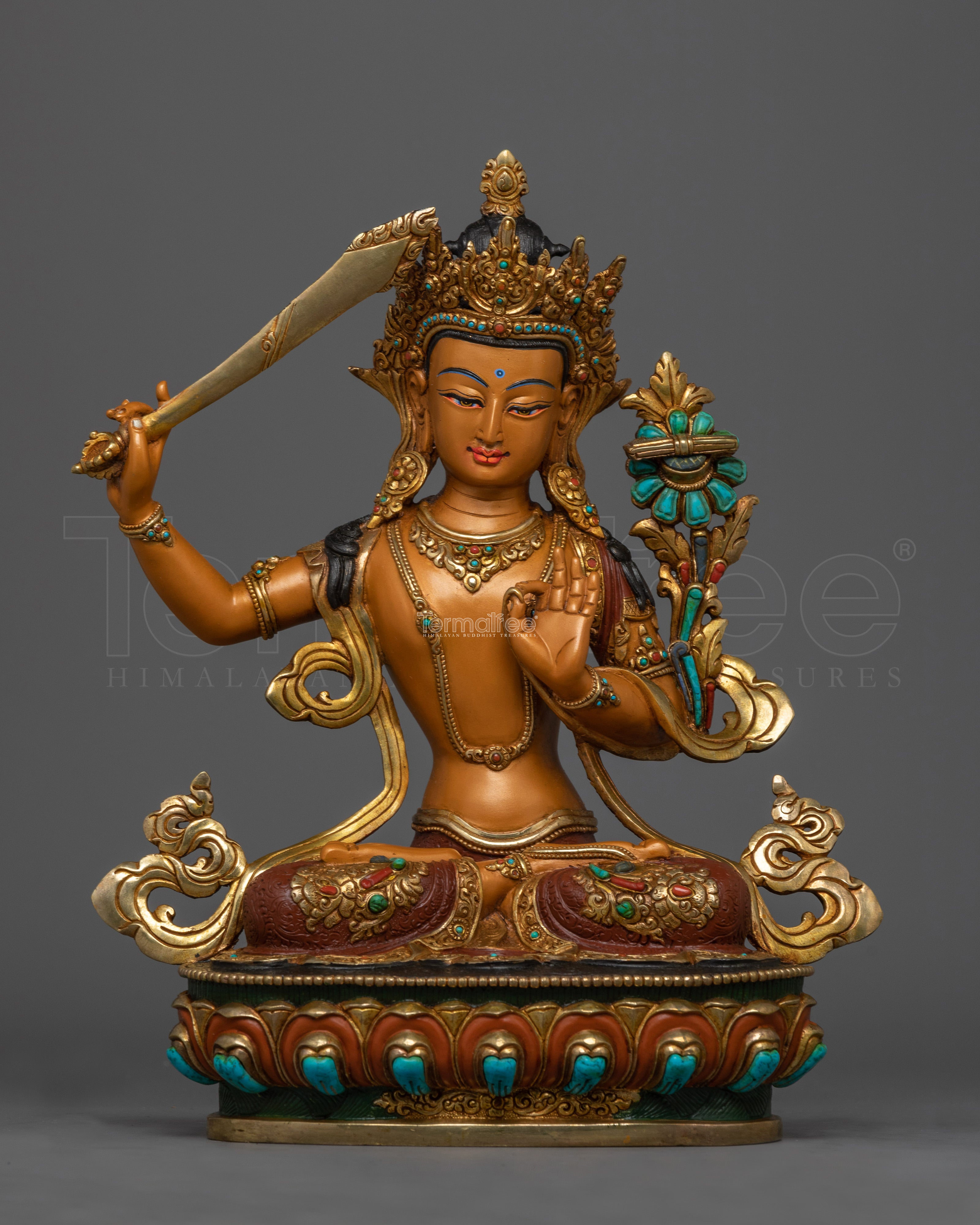 Hand-Carved Buddha Manjushri Statue | 13.4" Tibetan Wisdom Deity Sculpture