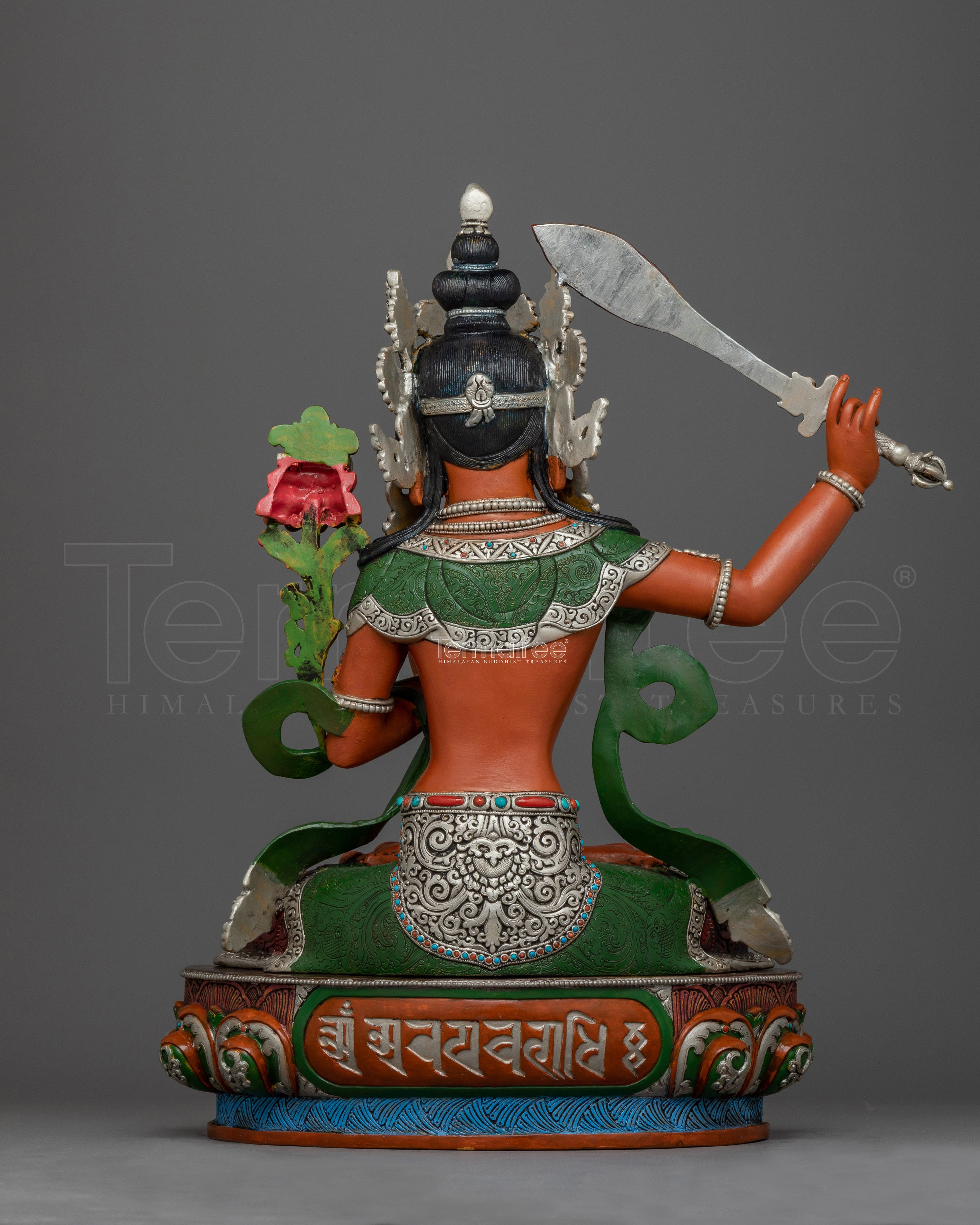 Hand-Carved Manjushri Prayer Tibetan Statue | Silver-Plated and Hand-Painted Sculpture